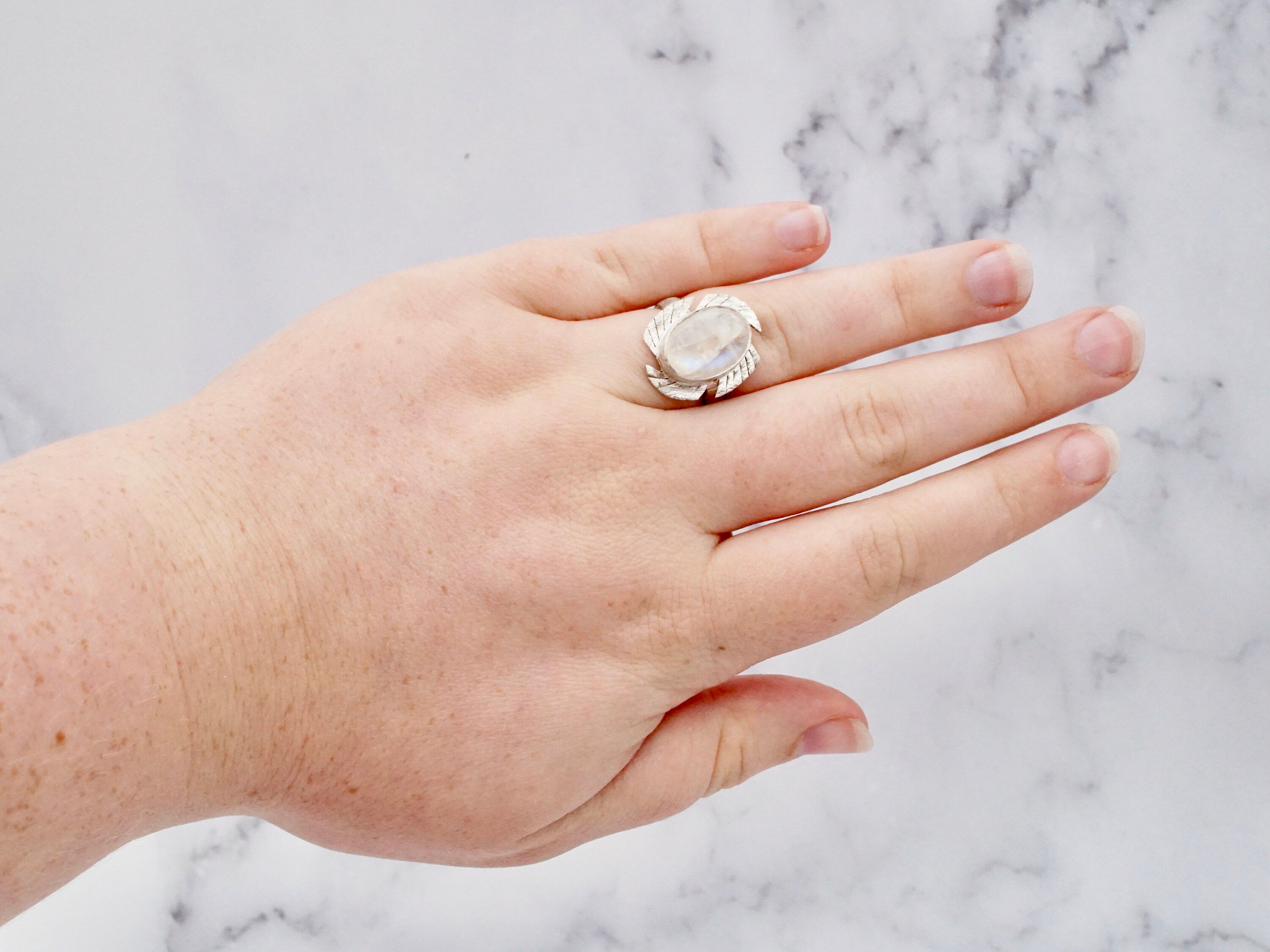 Vintage sterling rainbow moonstone textured statement ring, size 8