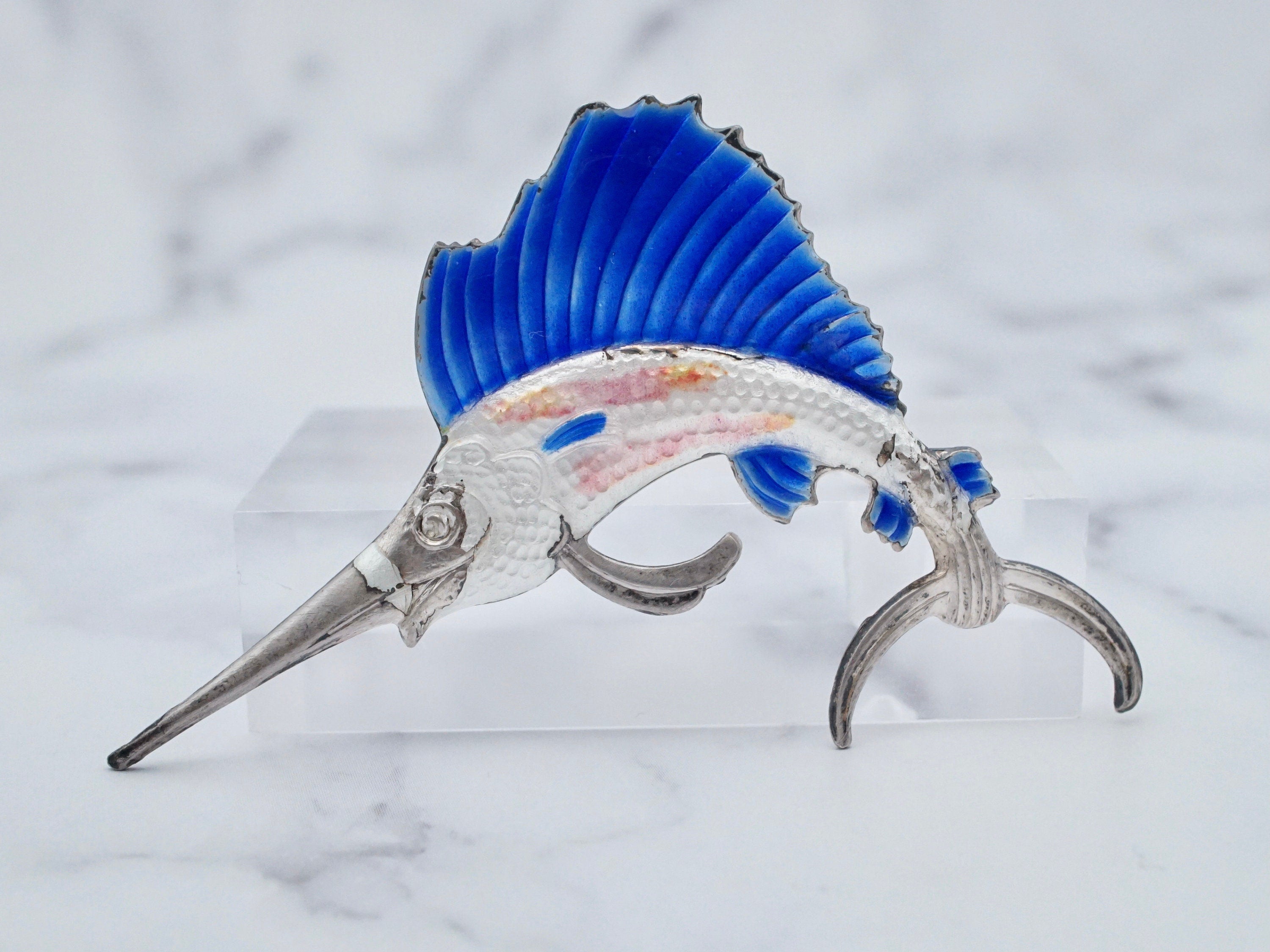 Vintage Truart Sterling & enamel swordfish brooch