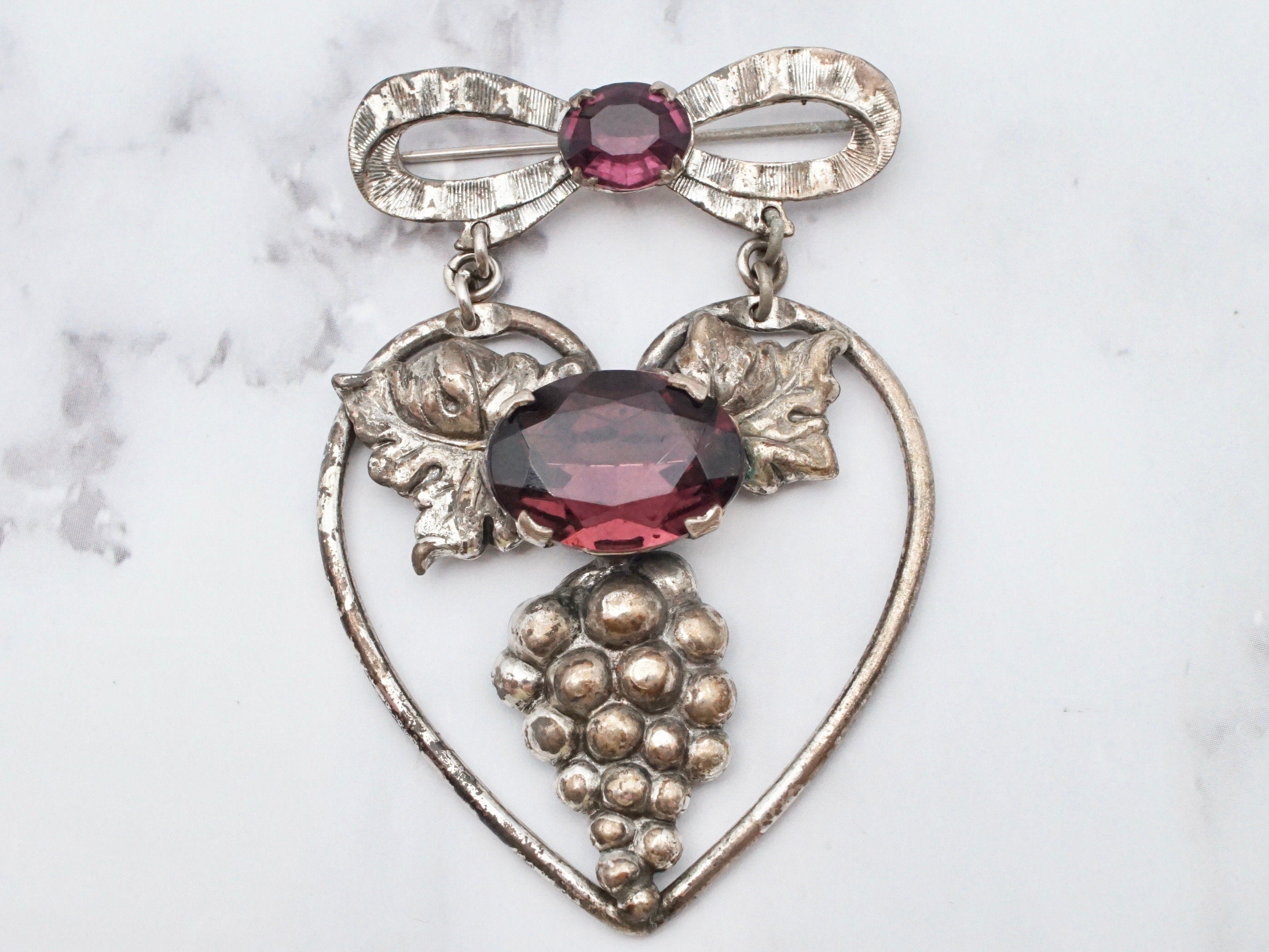 Antique Victorian silver tone rhinestone grape bunch brooch