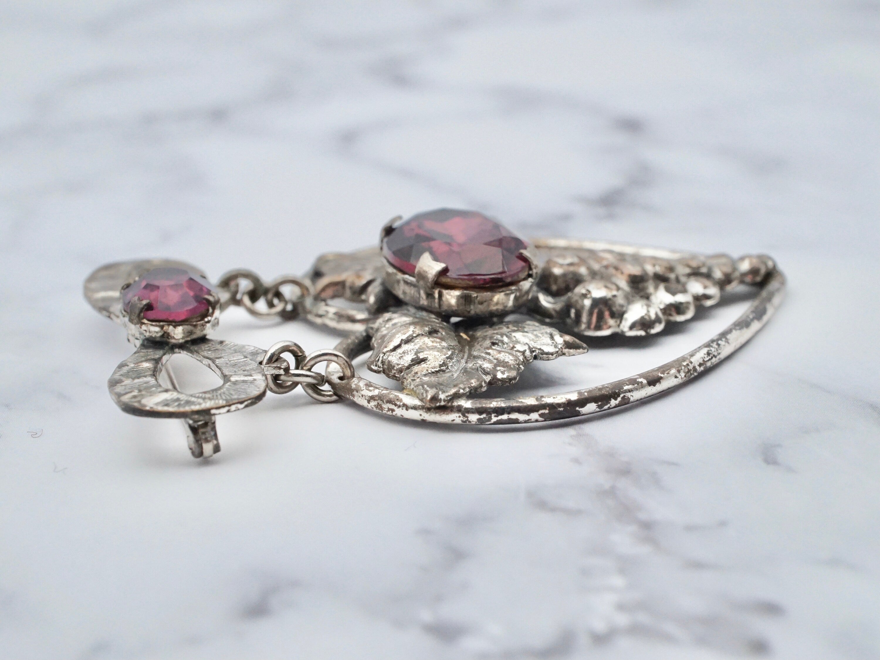 Antique Victorian silver tone rhinestone grape bunch brooch