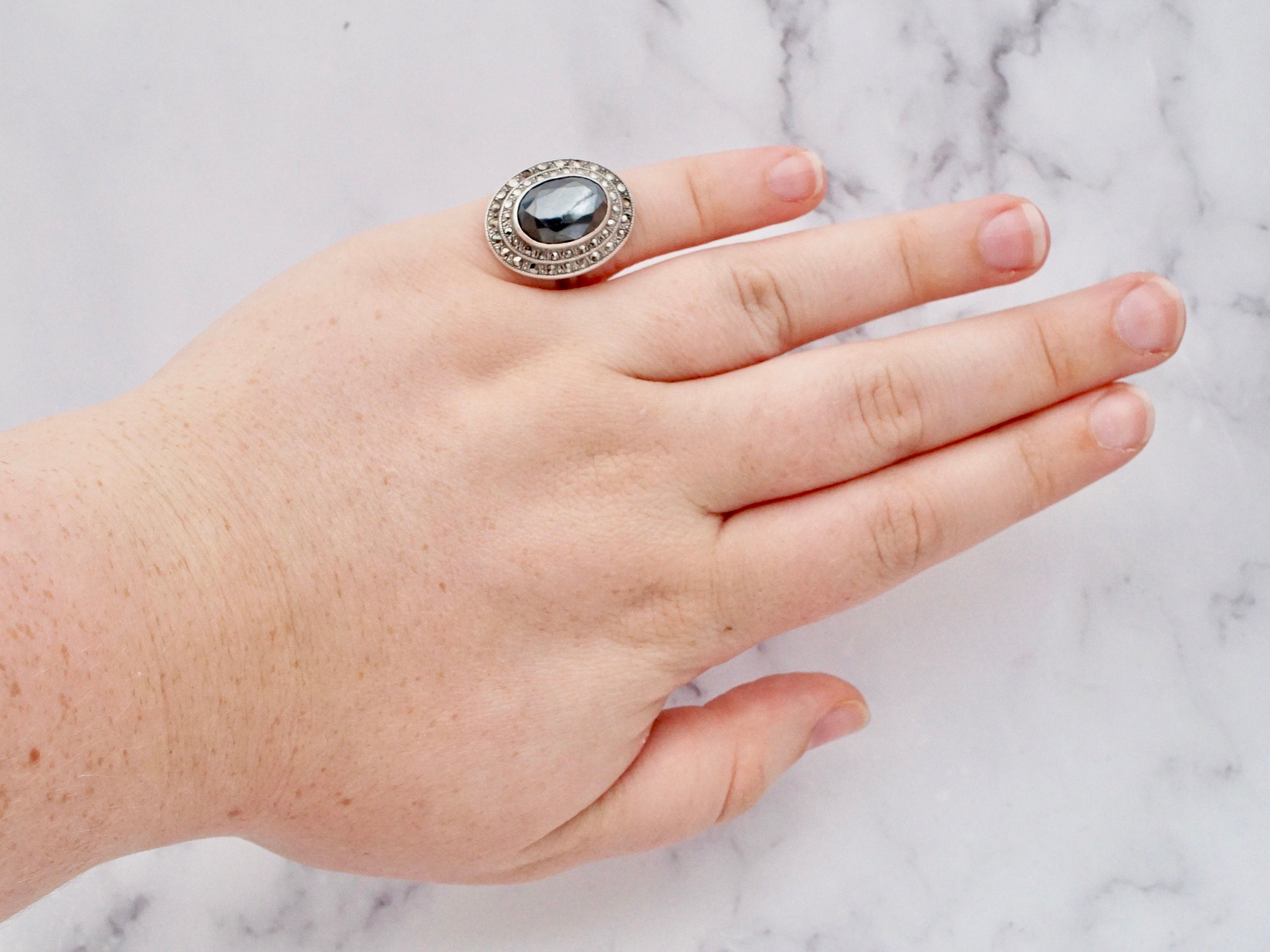 Antique Deco Uncas sterling, marcasite, & hematite ring, size 4.25