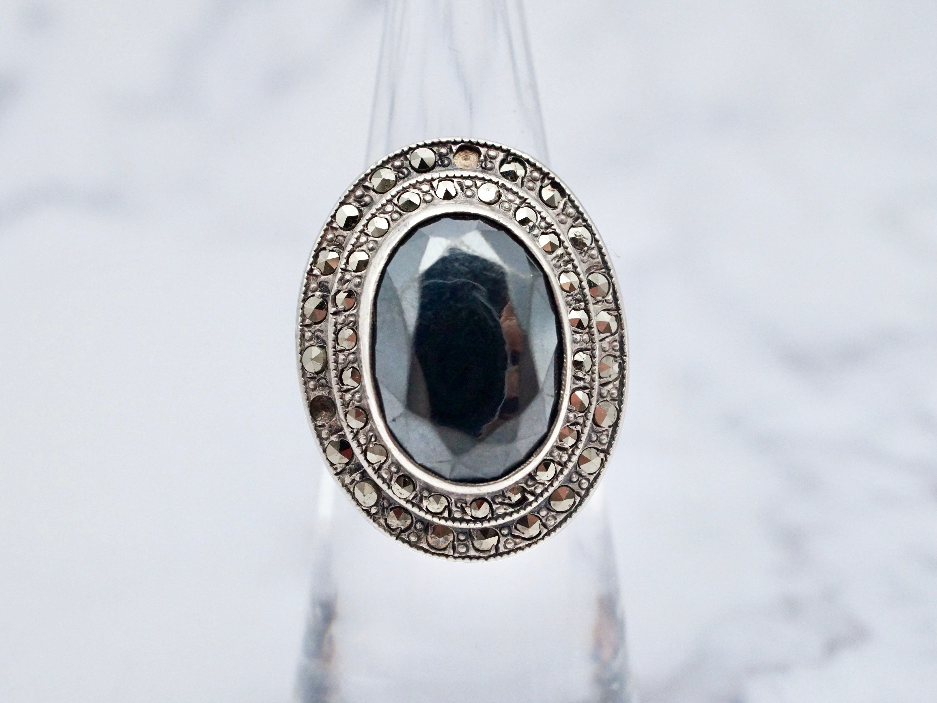Antique Deco Uncas sterling, marcasite, & hematite ring, size 4.25