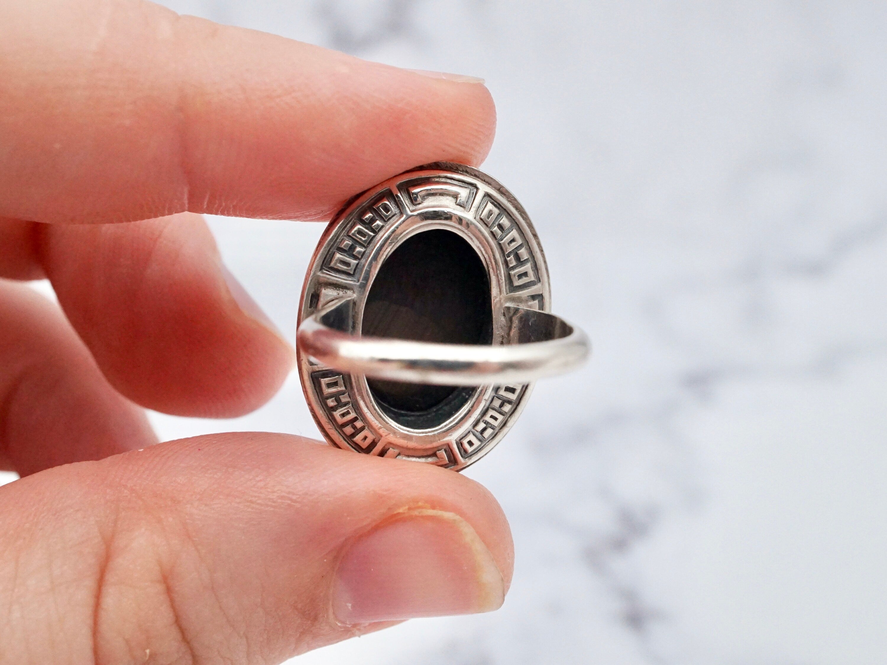 Antique Deco Uncas sterling, marcasite, & hematite ring, size 4.25