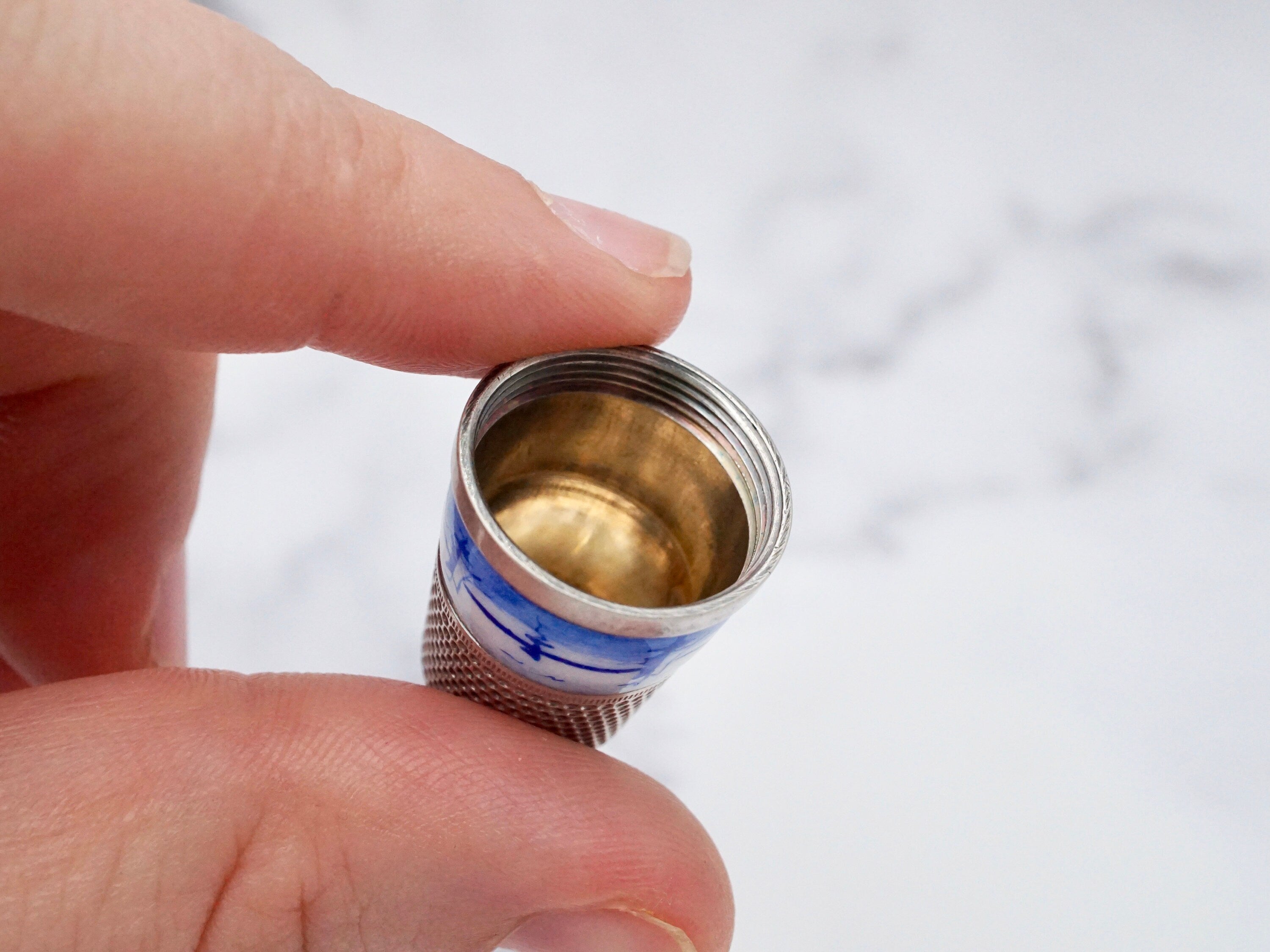 Antique Victorian .935 silver thimble w/ Dutch Delft enamel