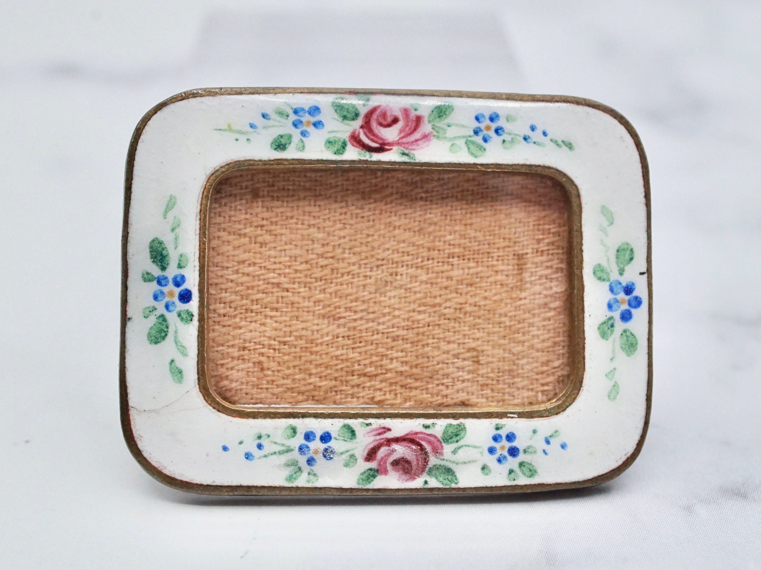 Antique hand-painted enamel and gilt metal frame brooch
