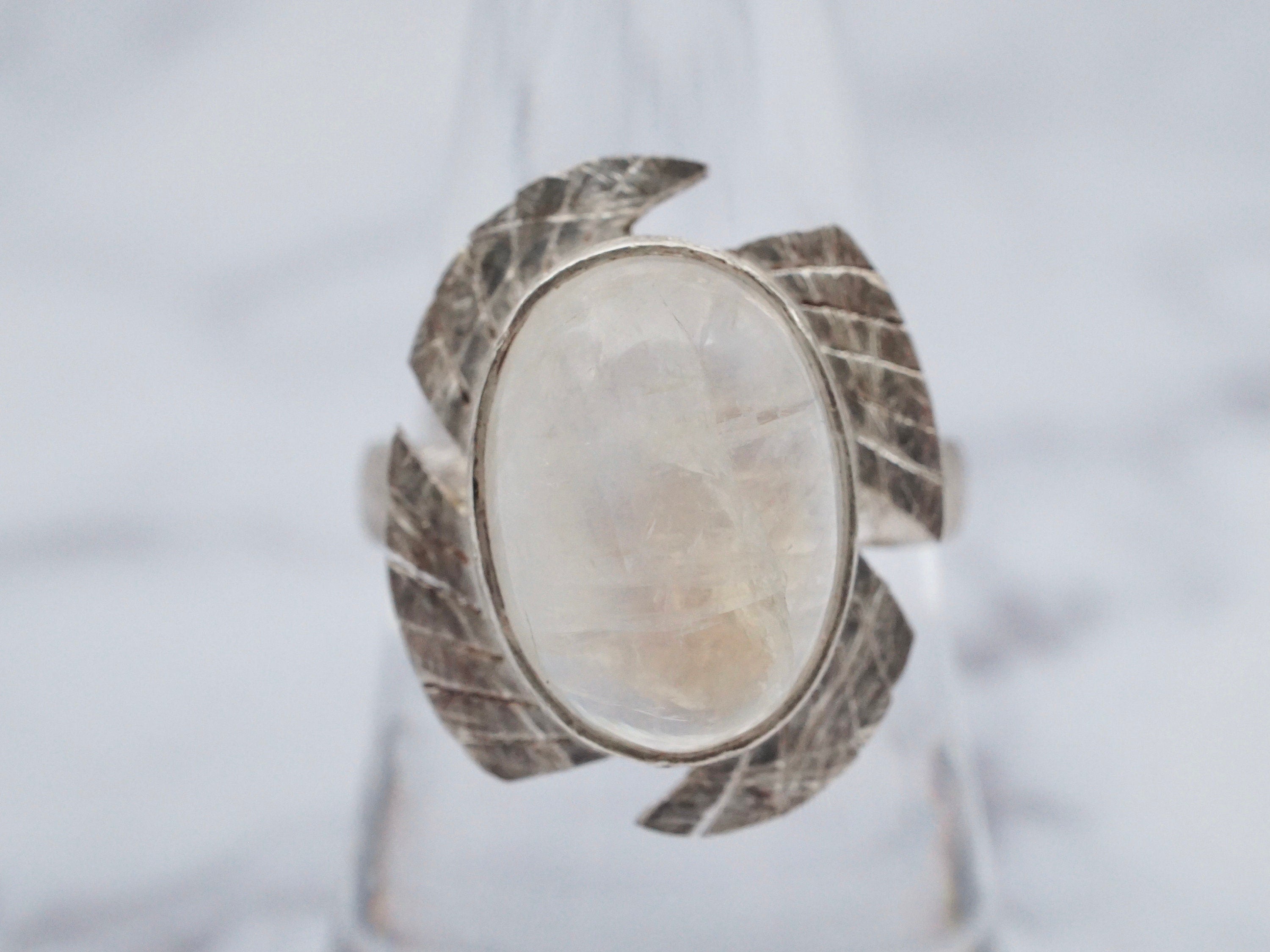 Vintage sterling rainbow moonstone textured statement ring, size 8