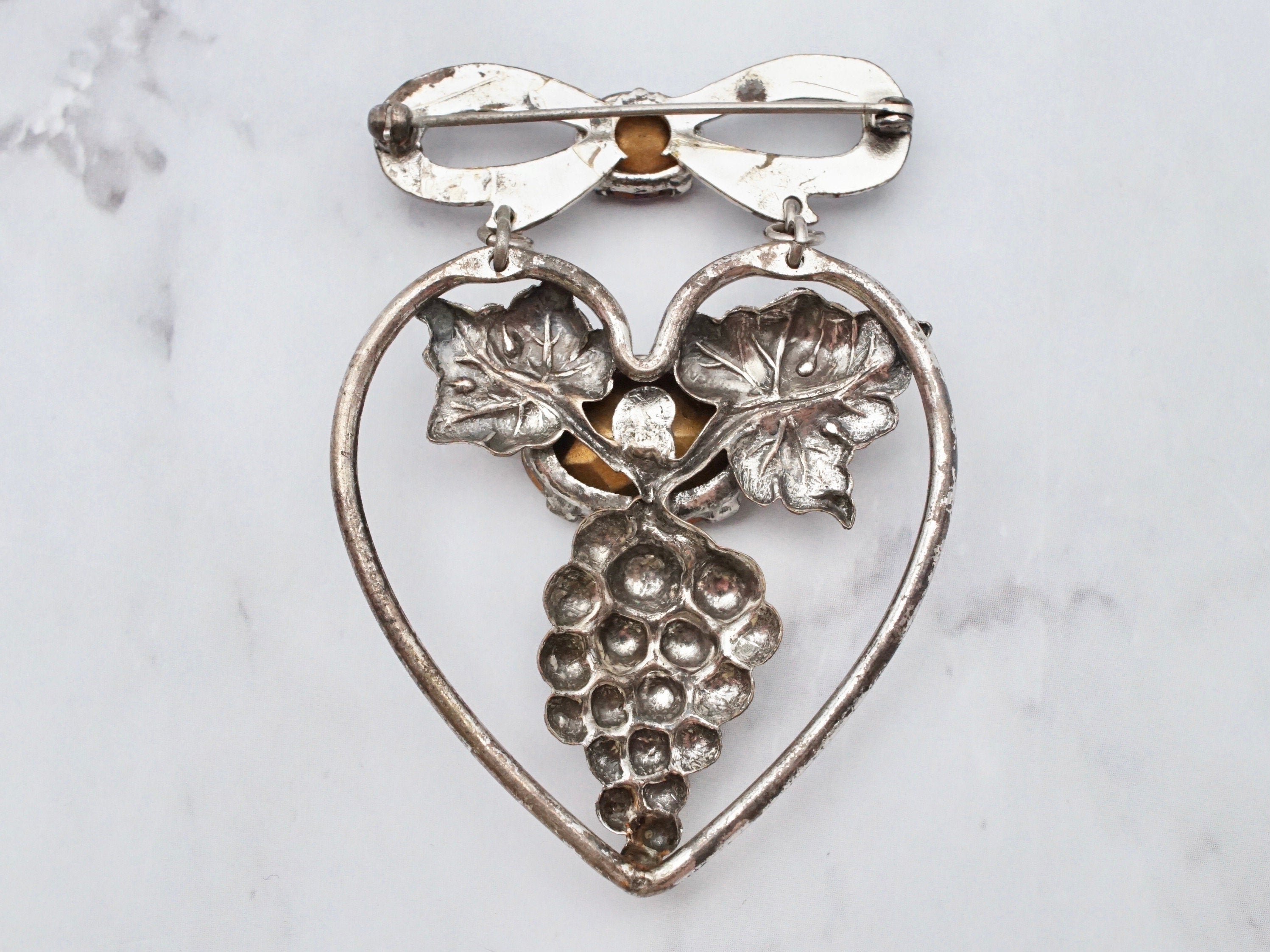 Antique Victorian silver tone rhinestone grape bunch brooch