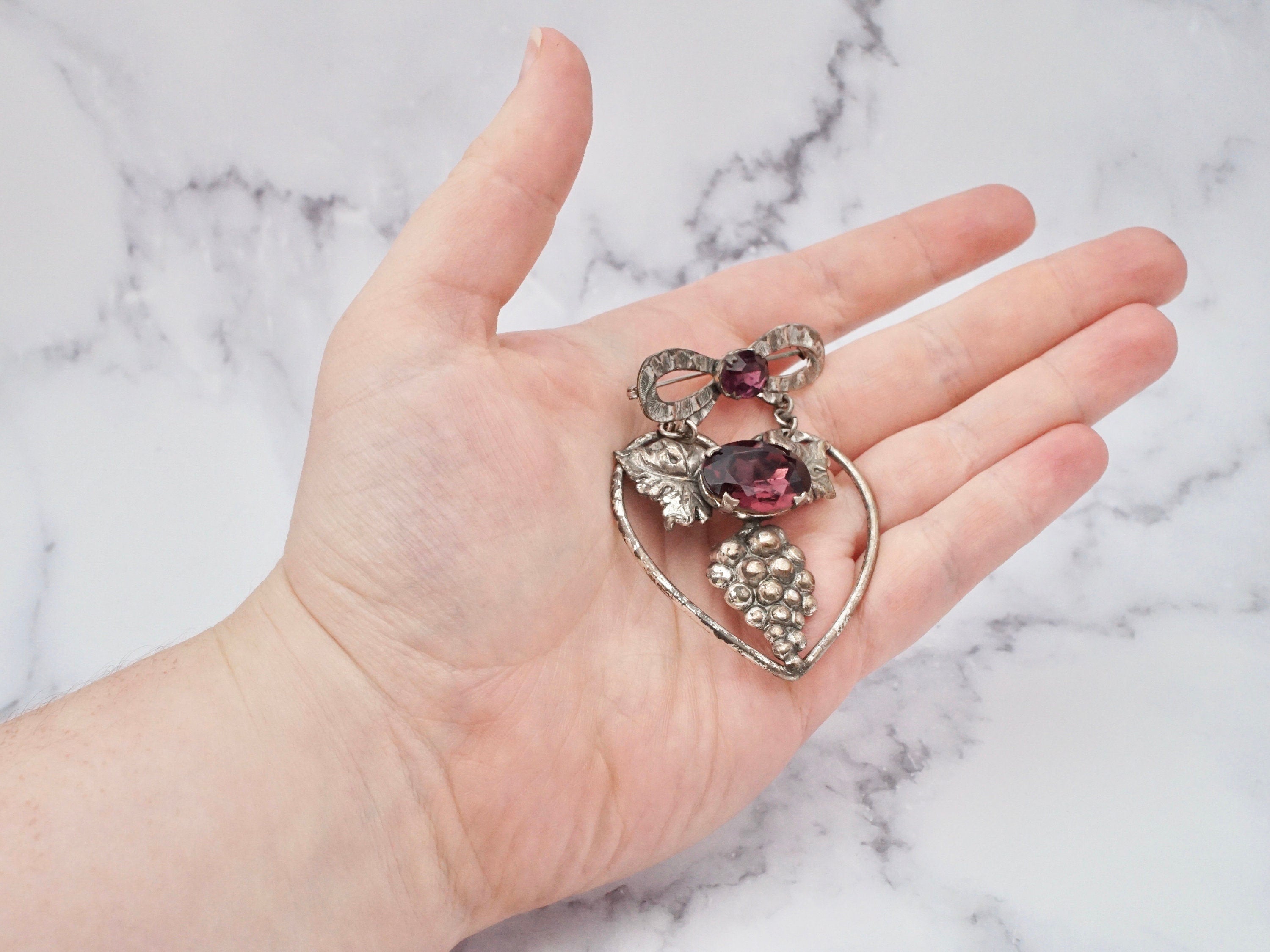 Antique Victorian silver tone rhinestone grape bunch brooch