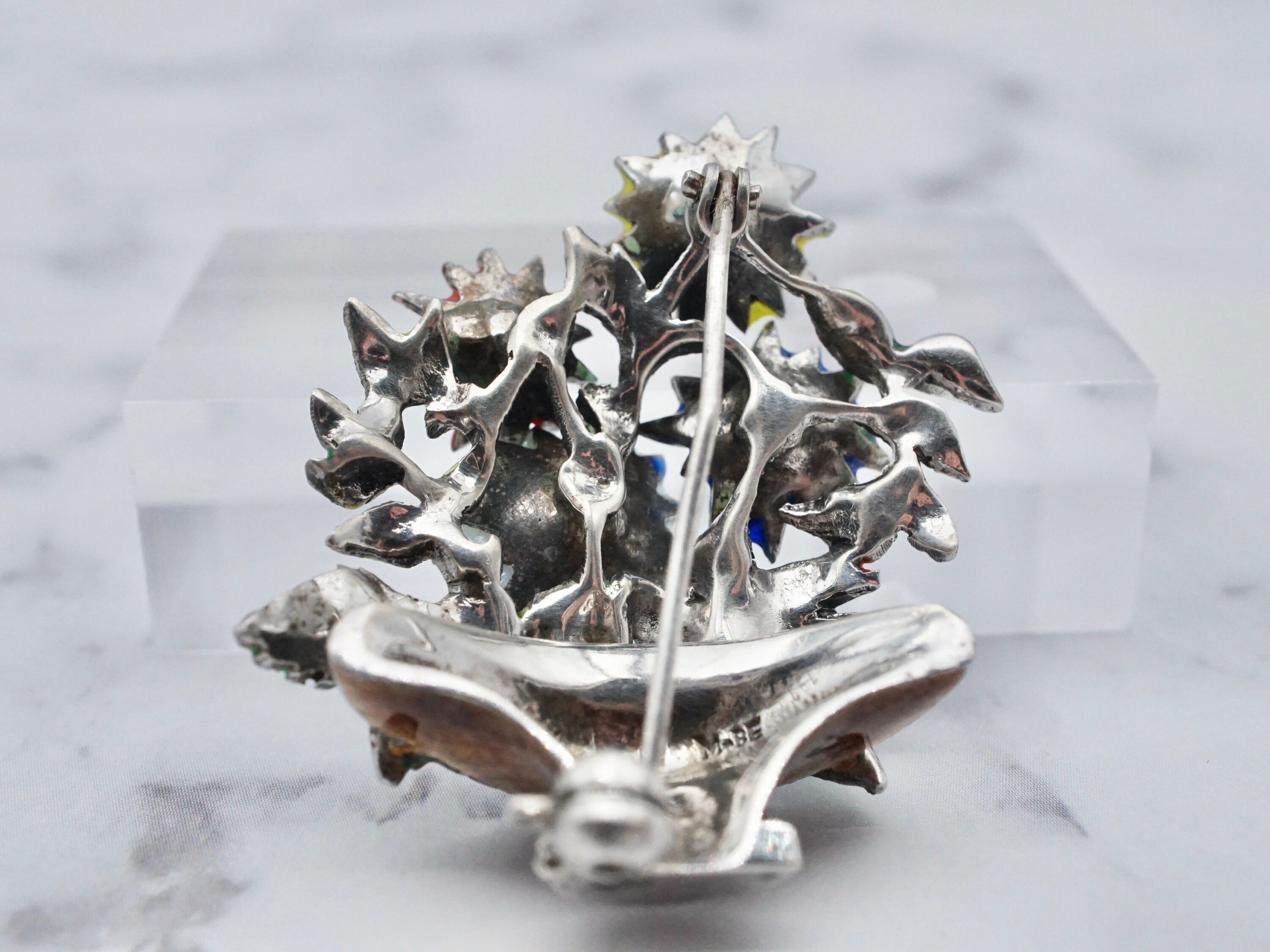 Antique German sterling, enamel, & marcasite Maison Behar Co. floral brooch