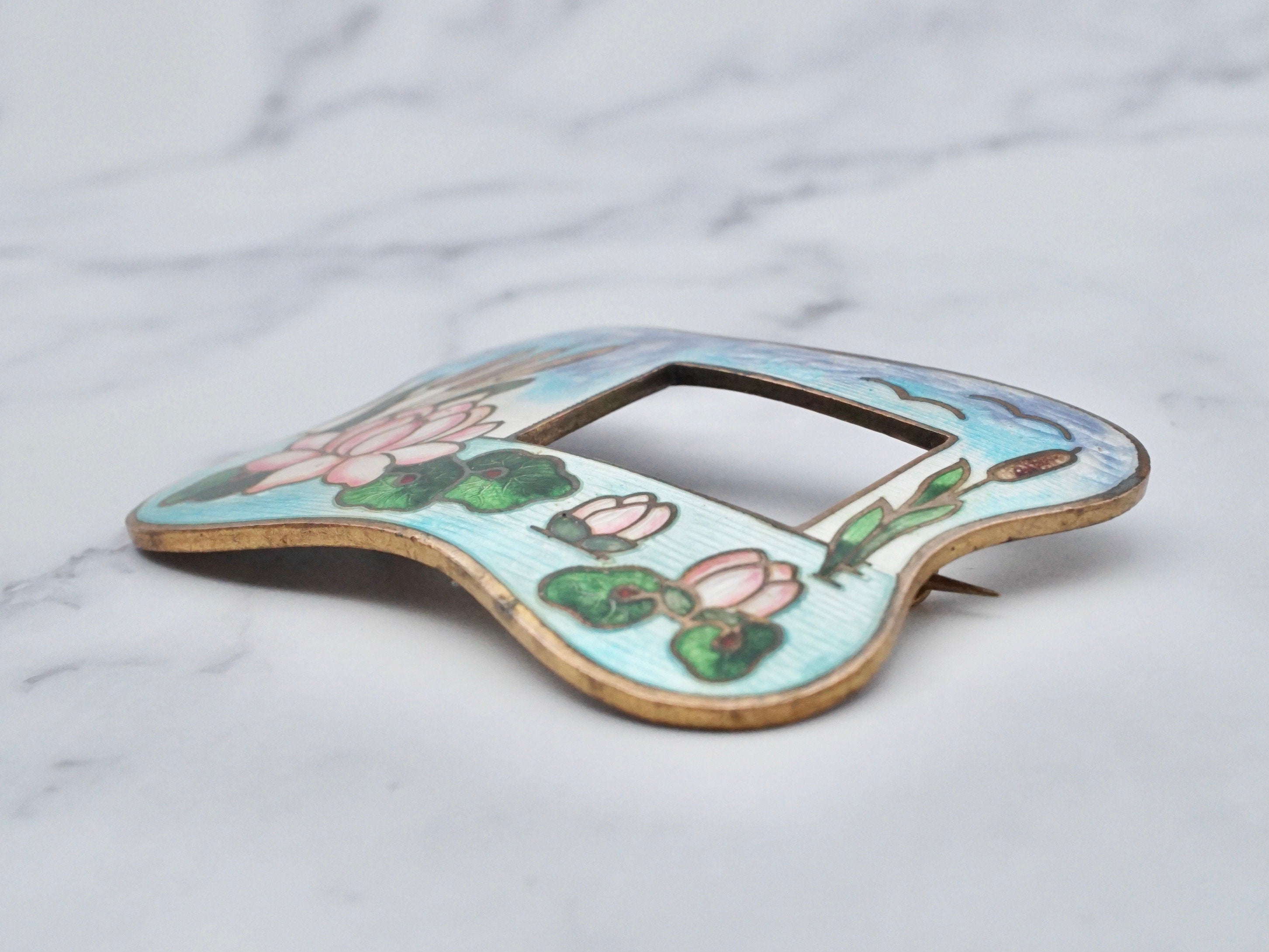 Large antique guilloche enamel & brass frame brooch