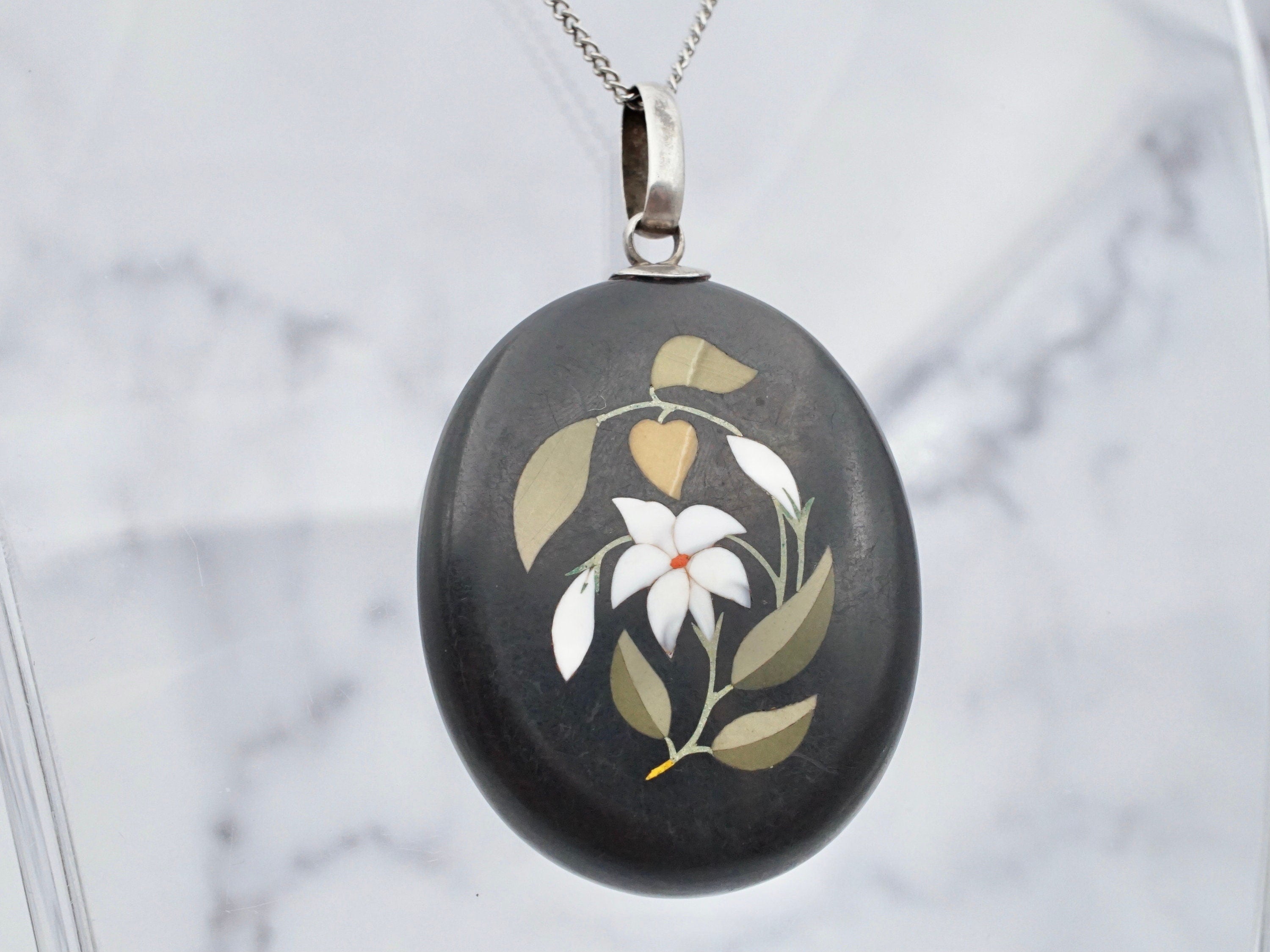 Antique Victorian sterling pietra dura lily stone inlay pendant