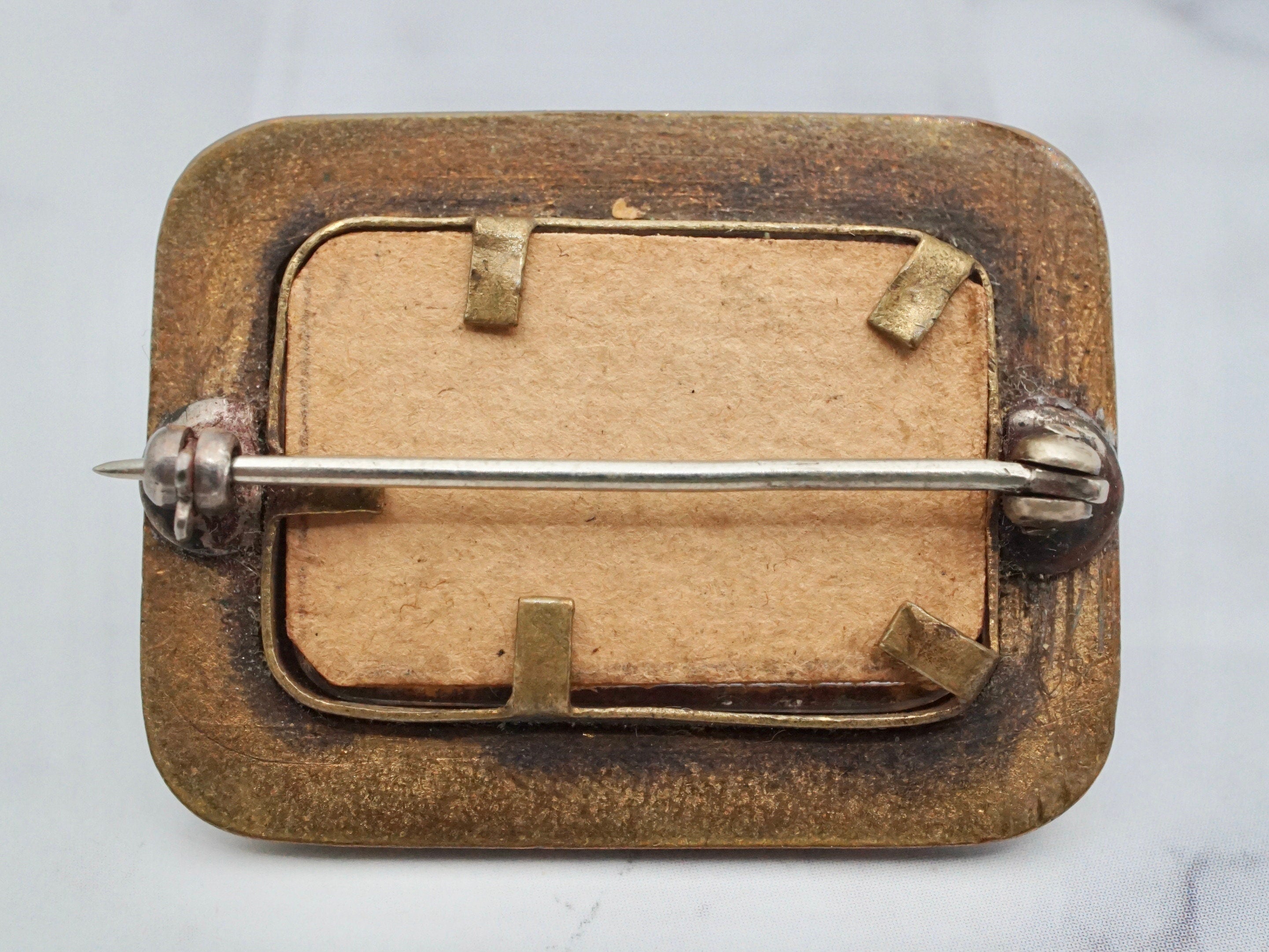 Antique hand-painted enamel and gilt metal frame brooch