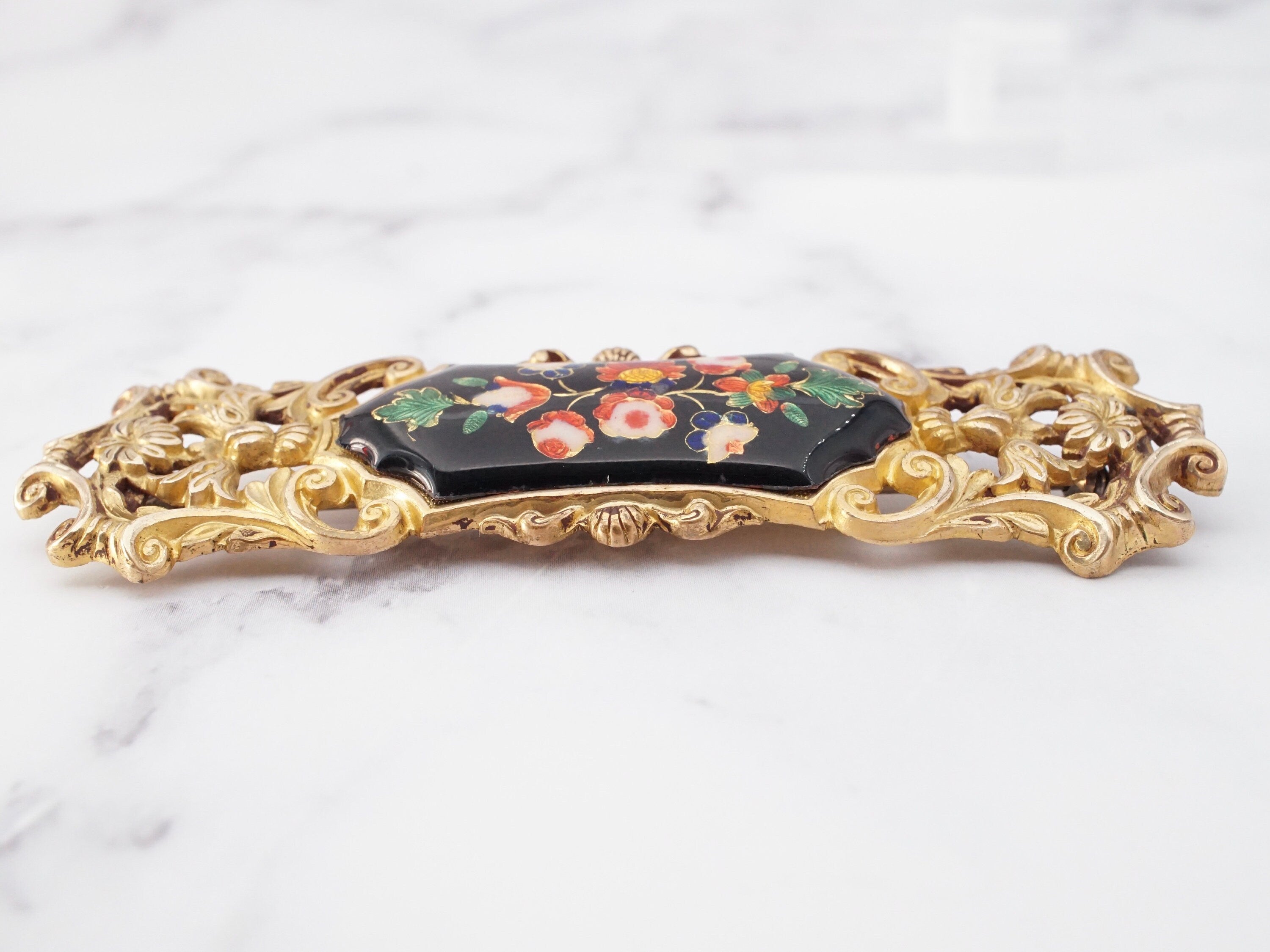 Large antique gilt and metallic cloisonne enamel plaque brooch