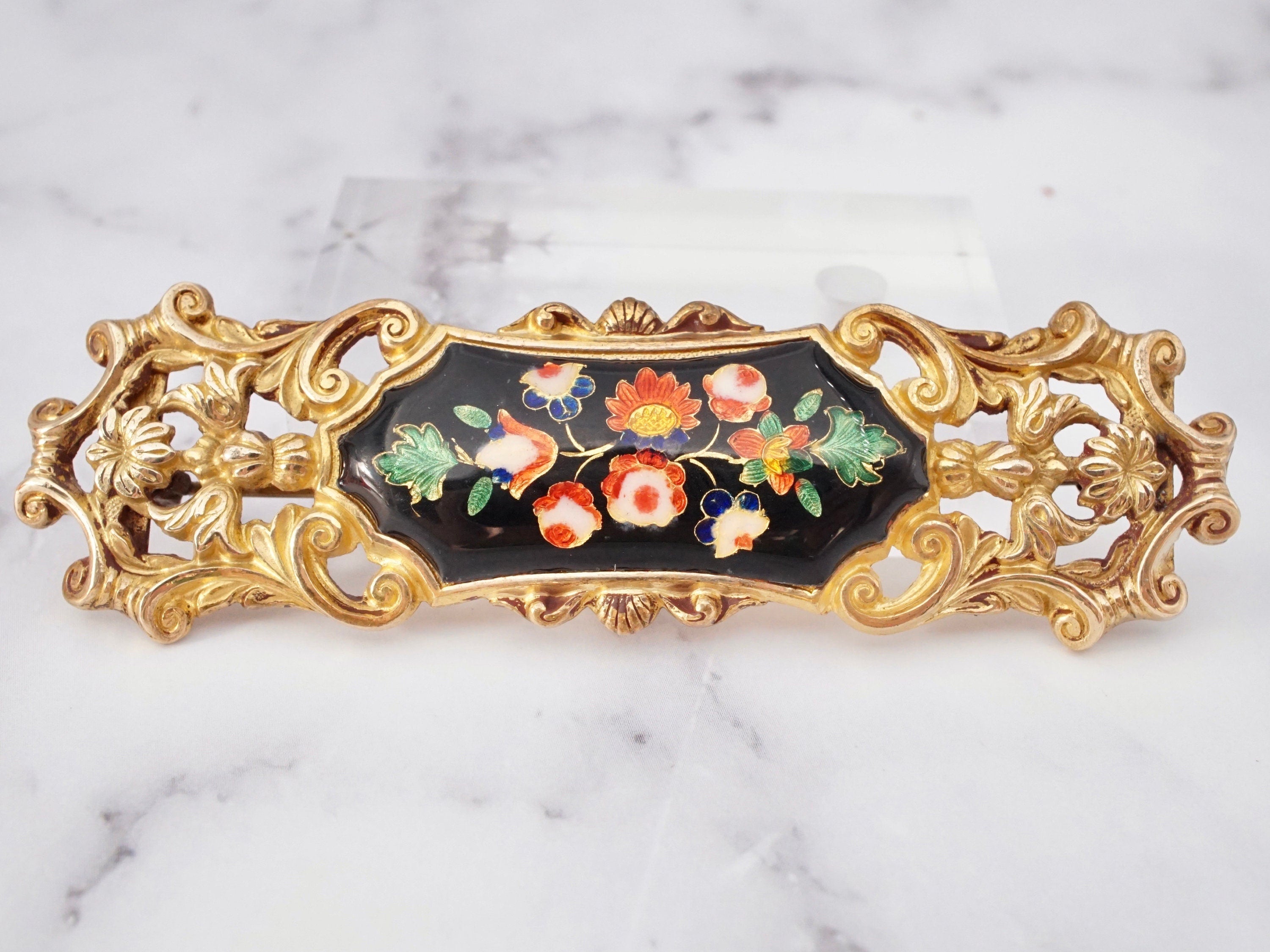 Large antique gilt and metallic cloisonne enamel plaque brooch