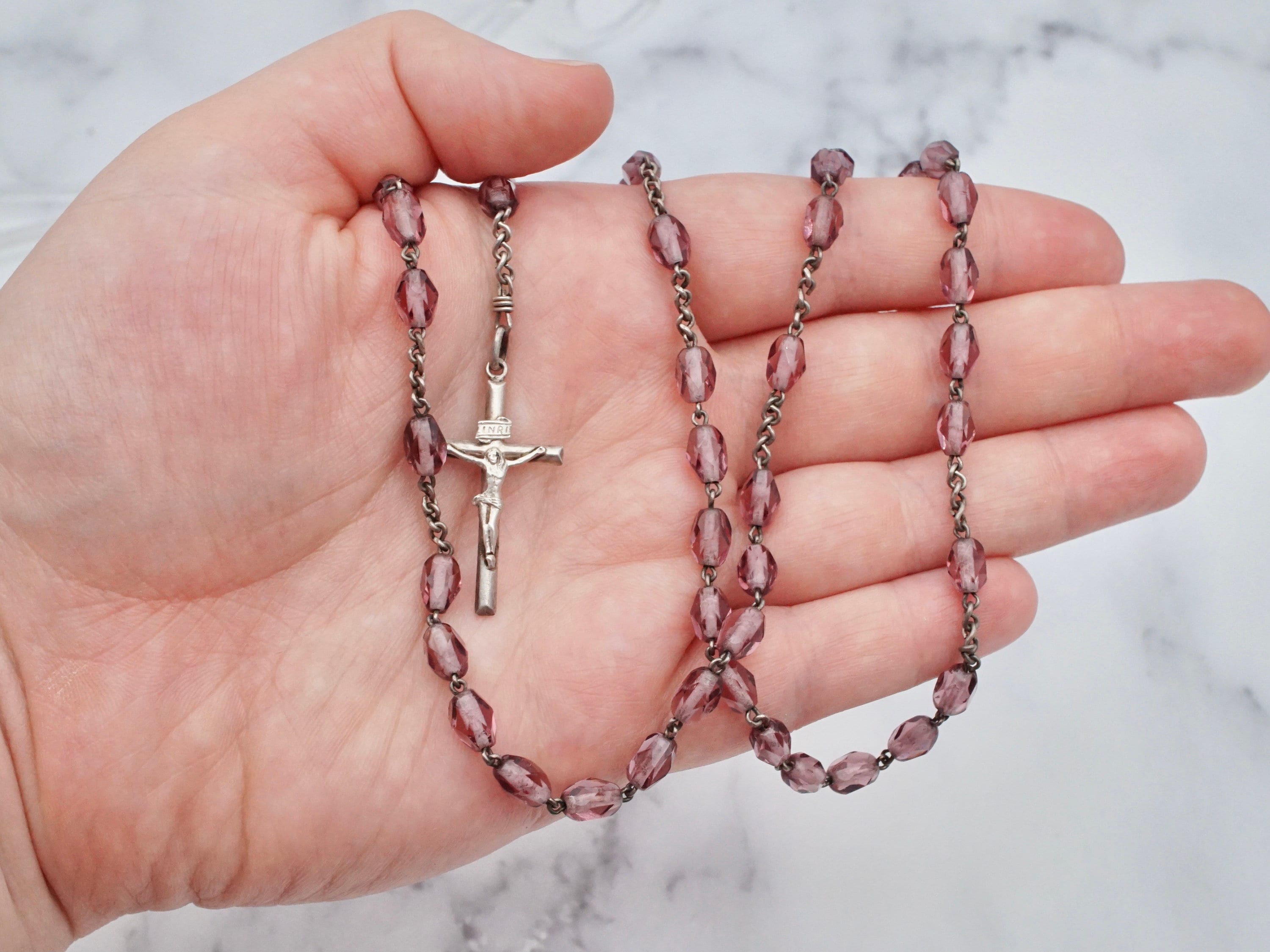 Antique French faceted amethyst glass rosary with sterling crucifix