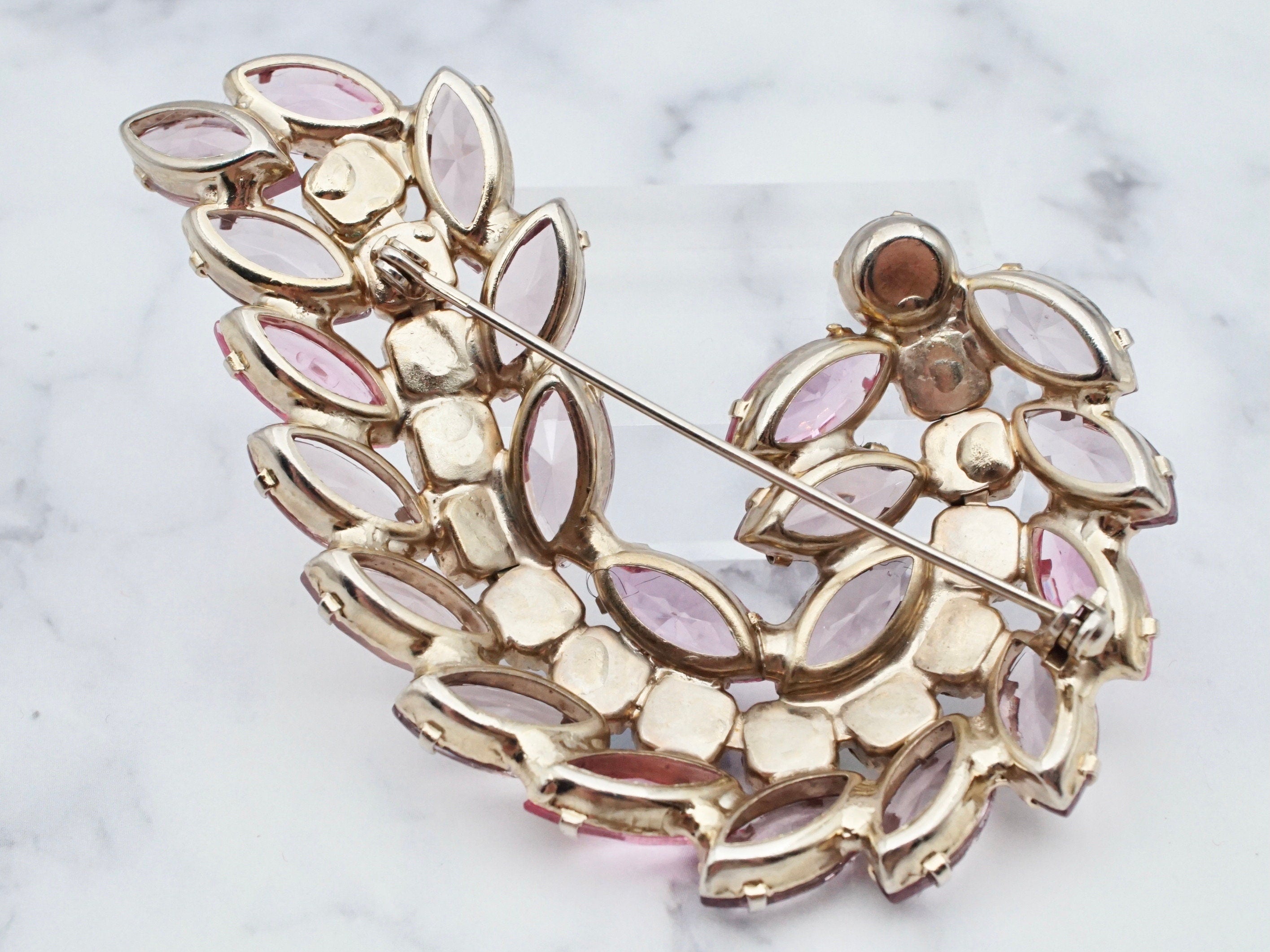 Vintage large lavender & aurora borealis rhinestone open-back swirl leaf brooch