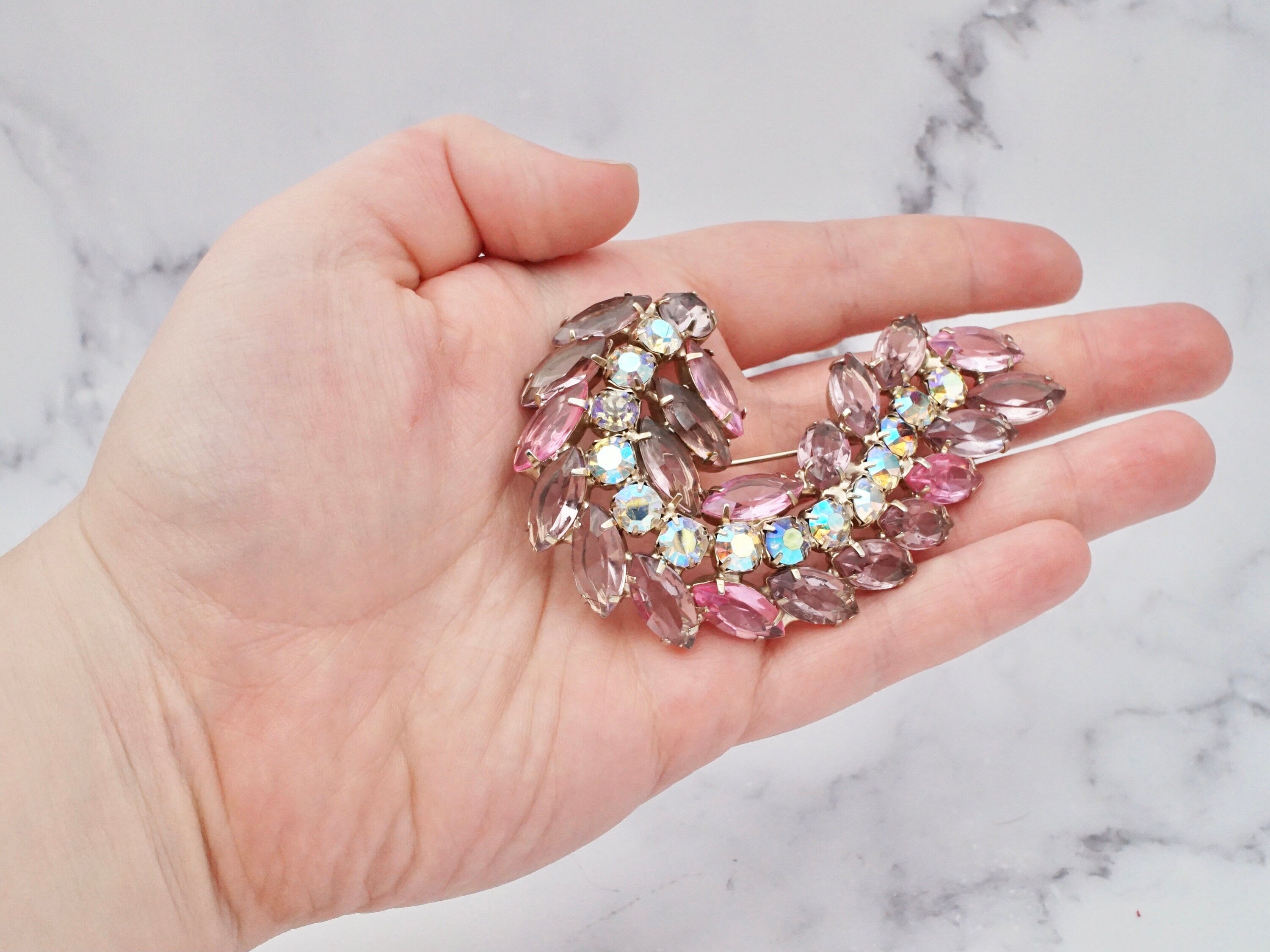 Vintage large lavender & aurora borealis rhinestone open-back swirl leaf brooch