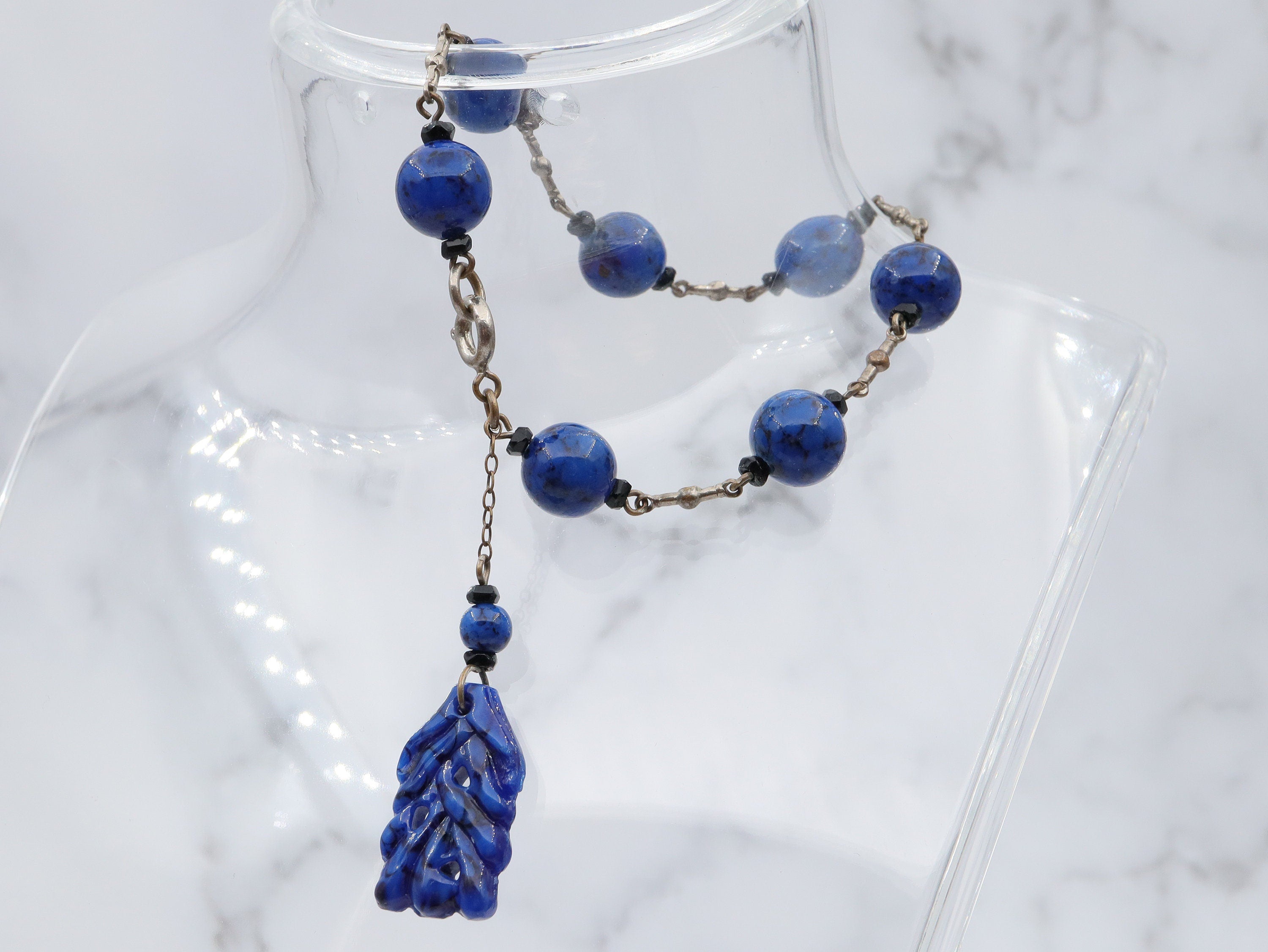 Antique Art Deco silver tone and carved lapis art glass drop bracelet