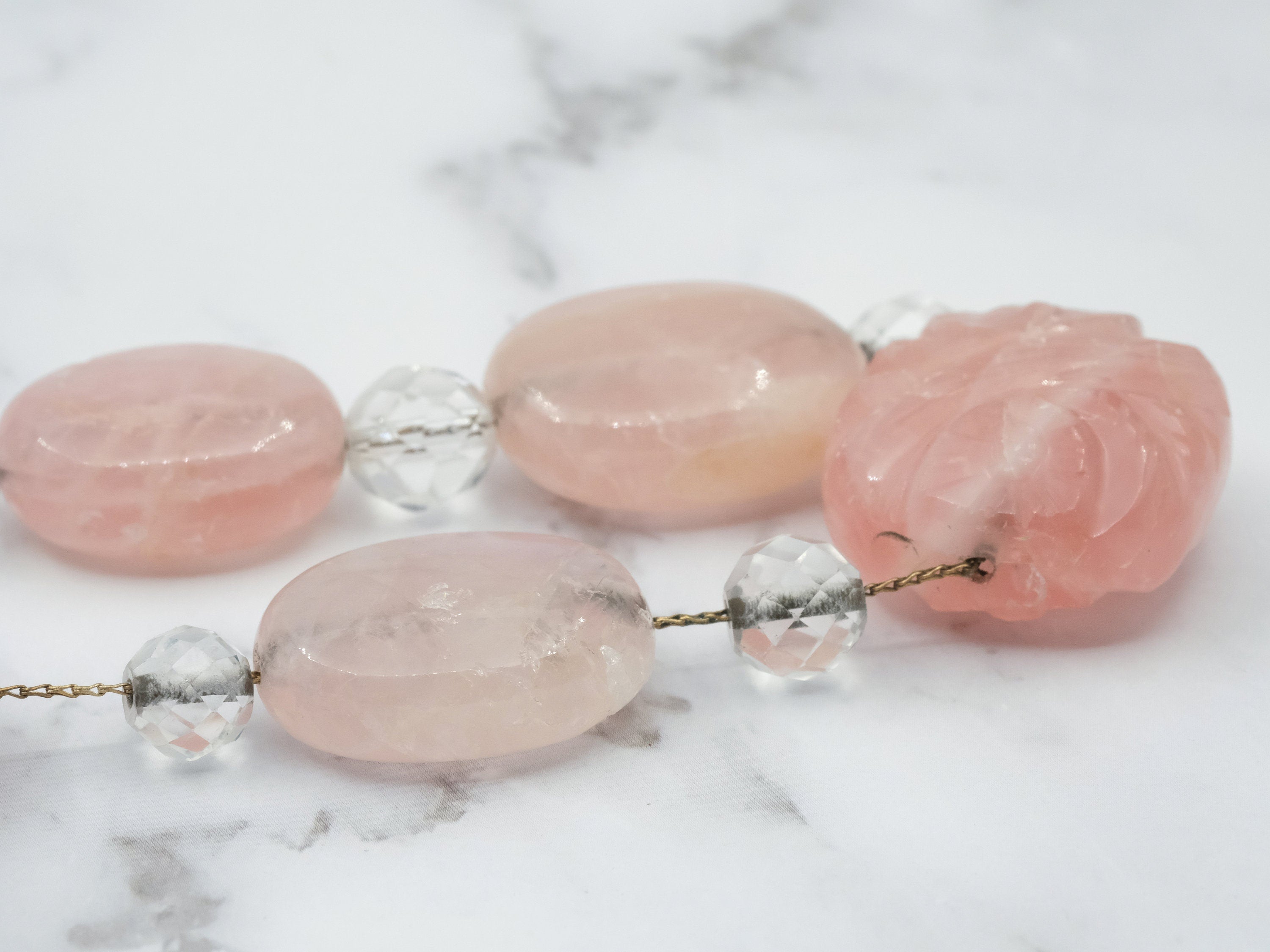 Antique Art Deco carved rose quartz and rock crystal beaded necklace