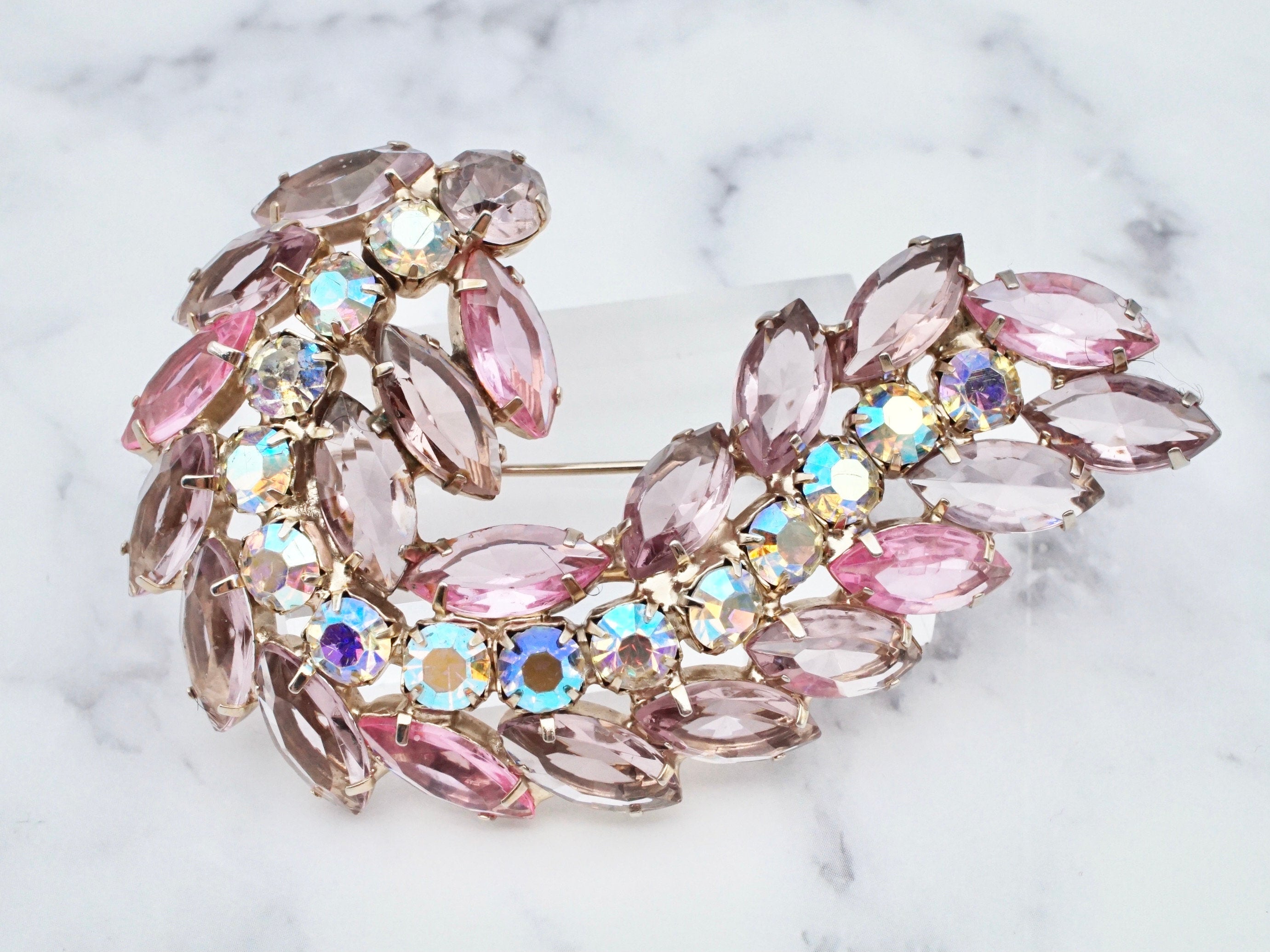 Vintage large lavender & aurora borealis rhinestone open-back swirl leaf brooch