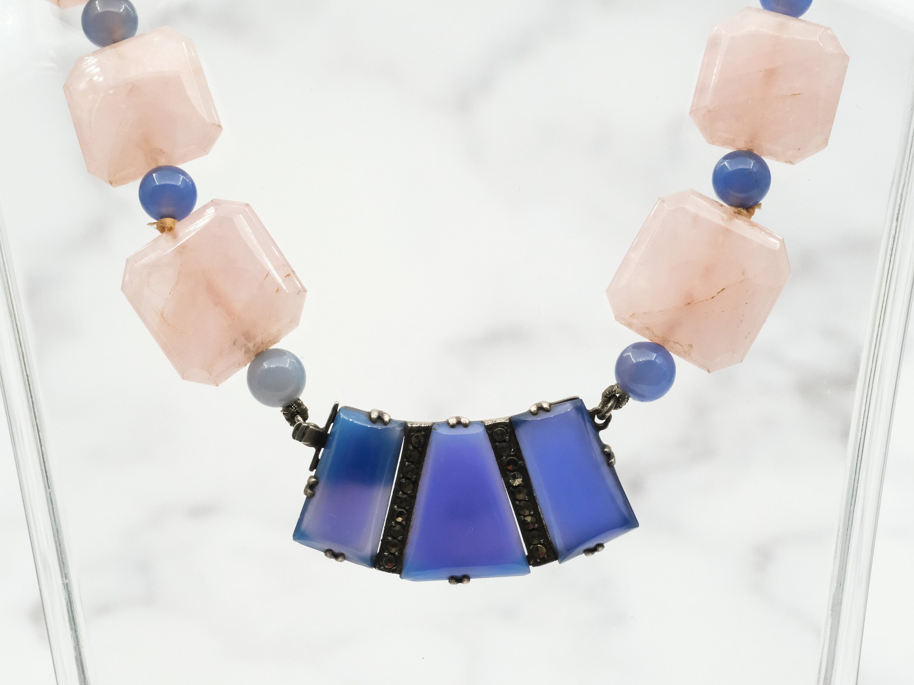 Incredible antique German Art Deco rose quartz and blue chalcedony necklace with sterling and marcasite statement clasp