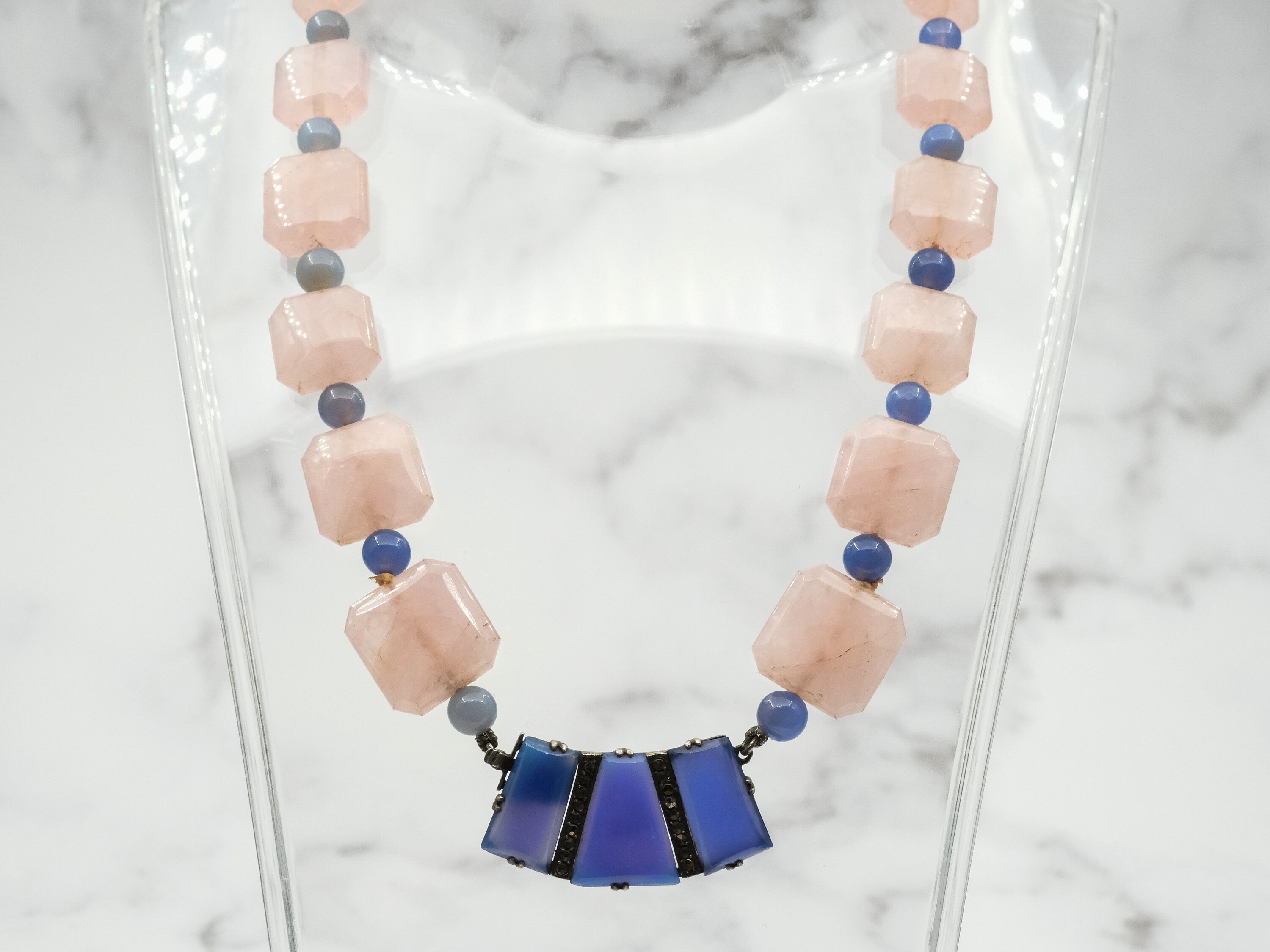 Incredible antique German Art Deco rose quartz and blue chalcedony necklace with sterling and marcasite statement clasp