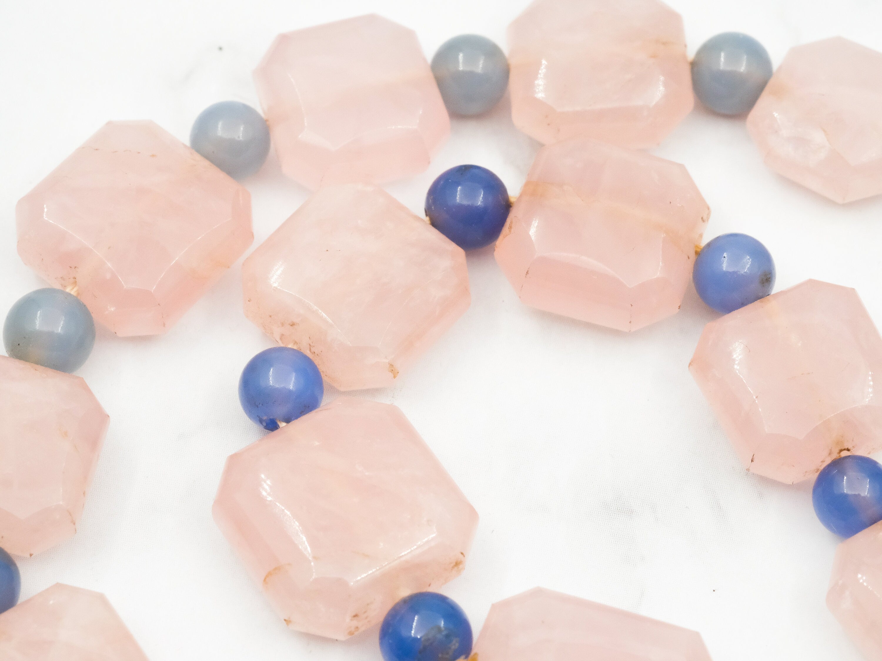 Incredible antique German Art Deco rose quartz and blue chalcedony necklace with sterling and marcasite statement clasp