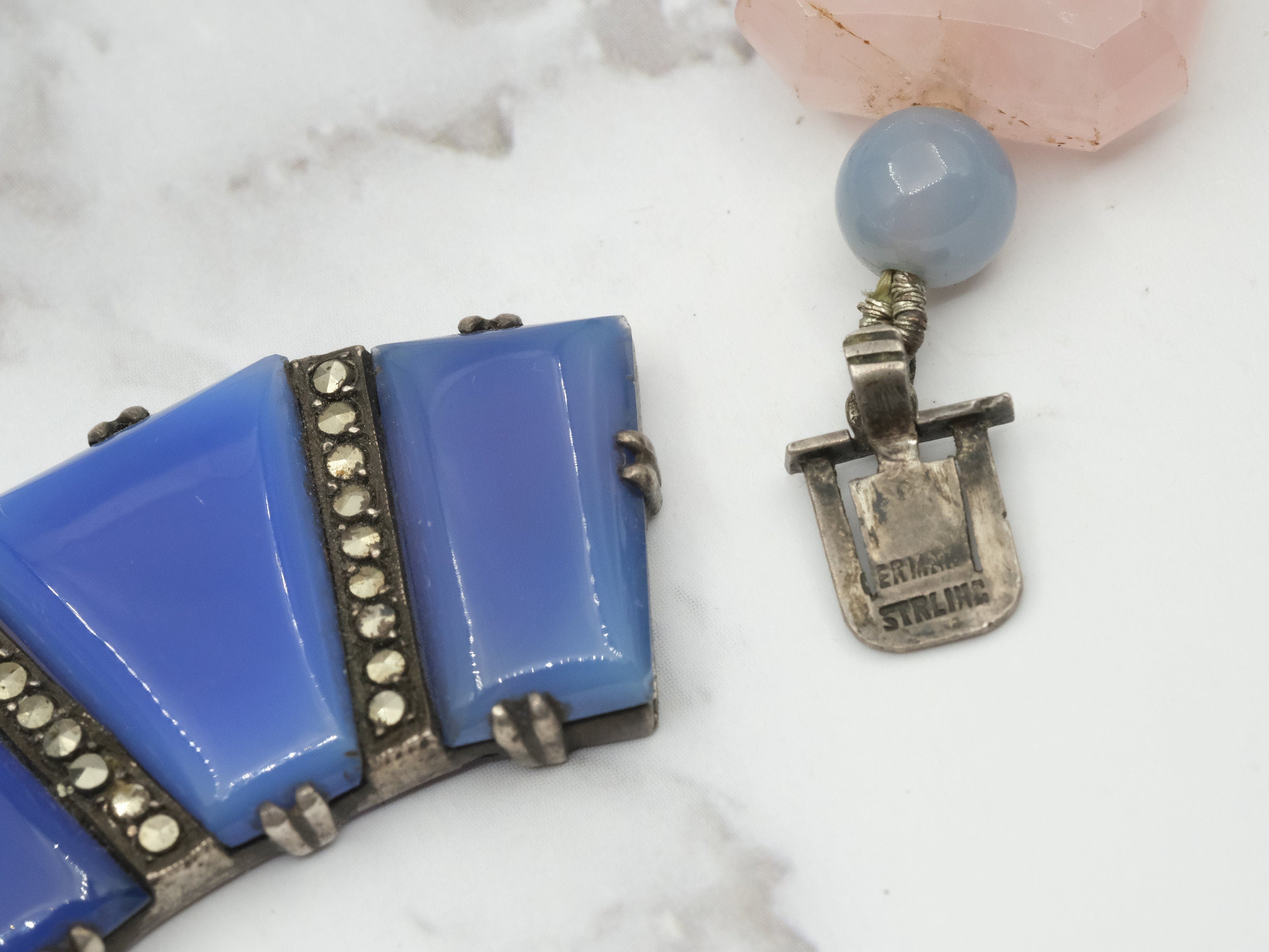 Incredible antique German Art Deco rose quartz and blue chalcedony necklace with sterling and marcasite statement clasp