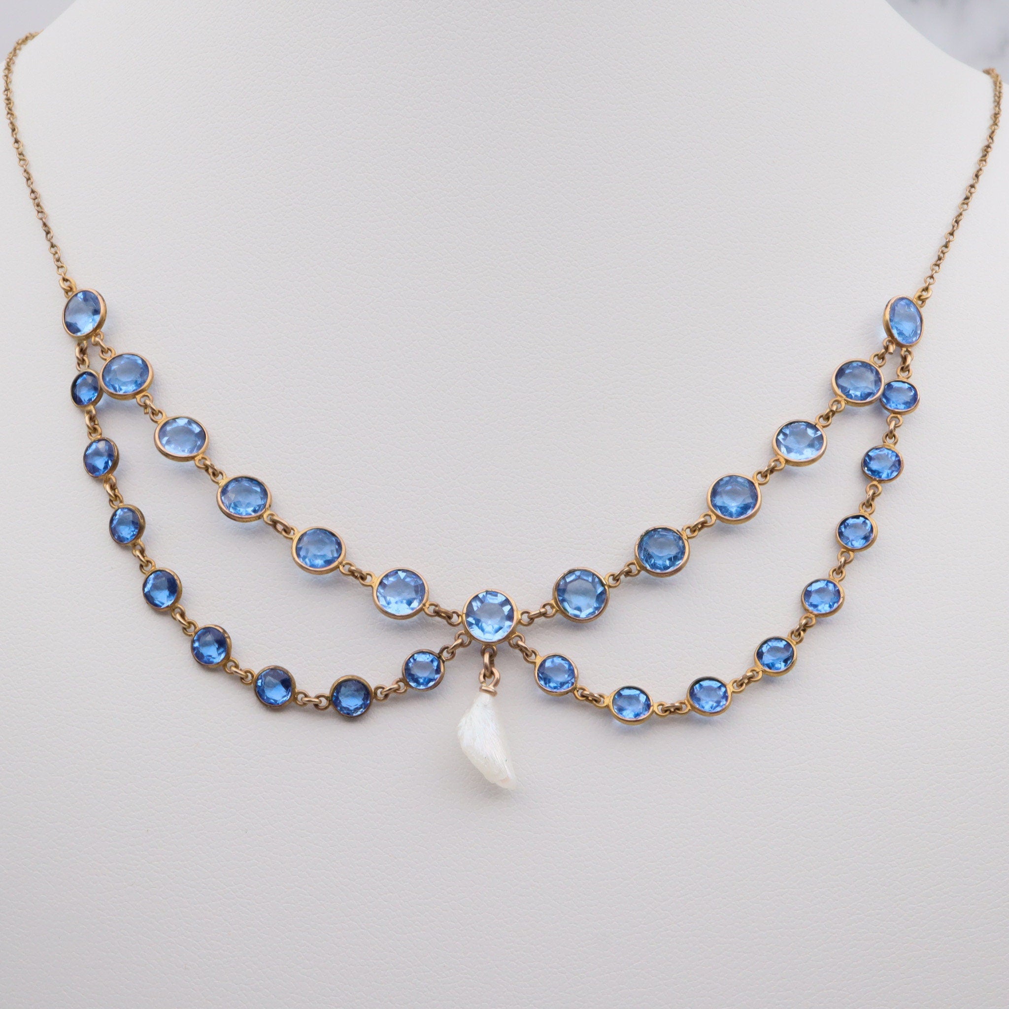 Antique gold filled blue pastel & dogtooth pearl festoon 16.5”