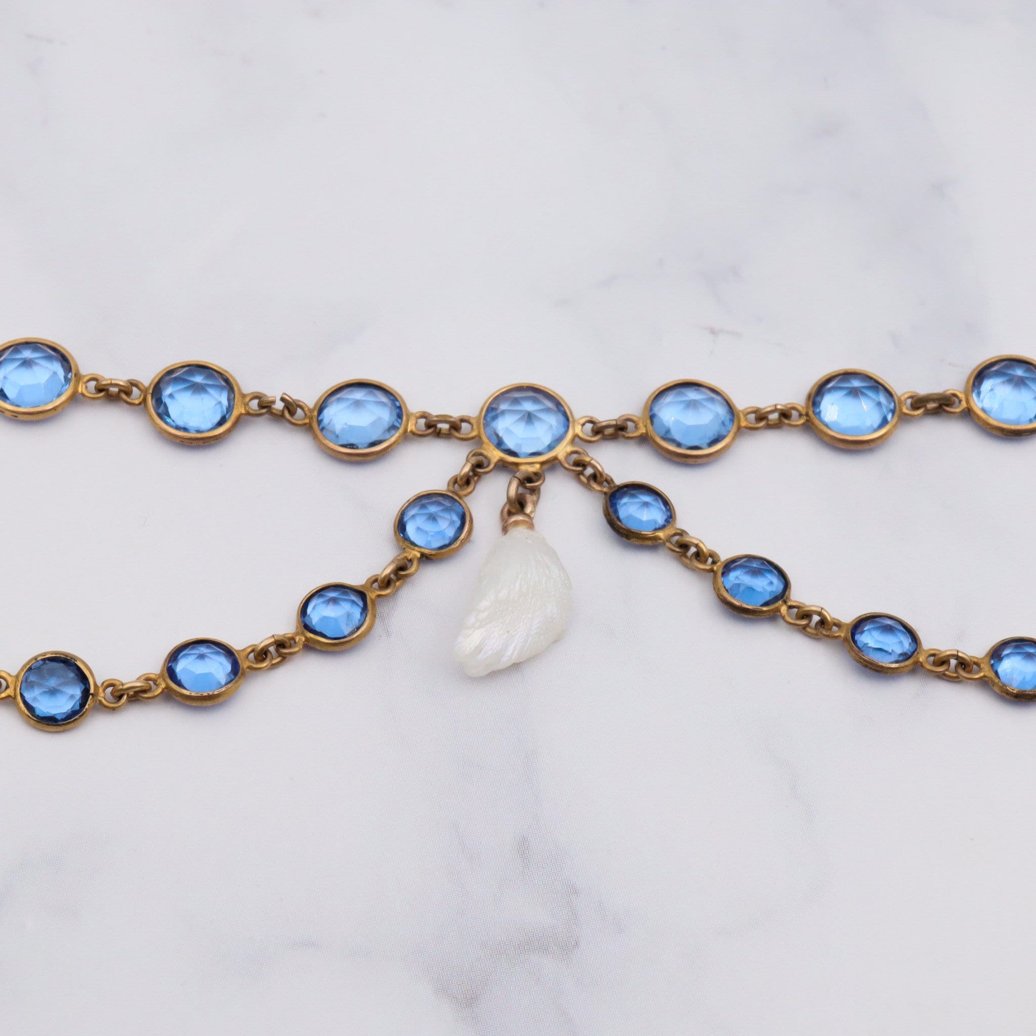 Antique Victorian gold filled blue paste & dogtooth pearl festoon necklace 16.5”