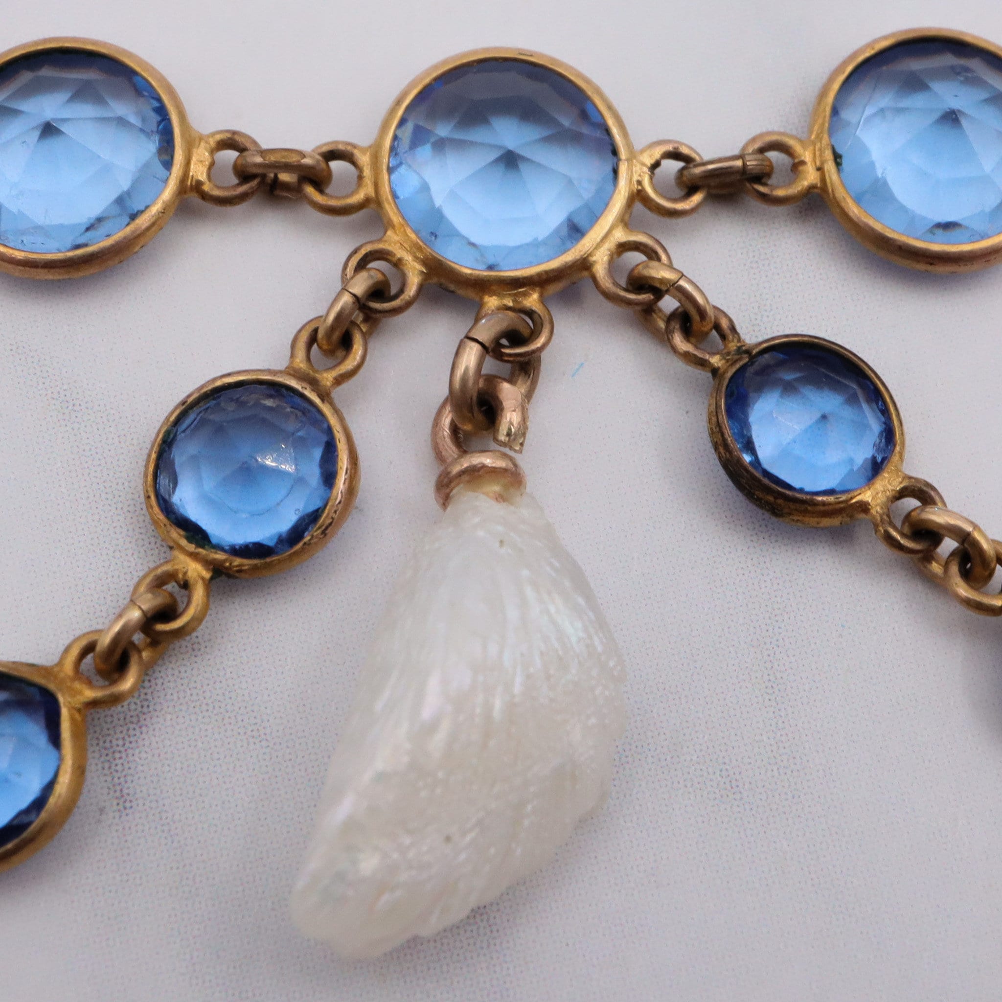 Antique Victorian gold filled blue paste & dogtooth pearl festoon necklace 16.5”