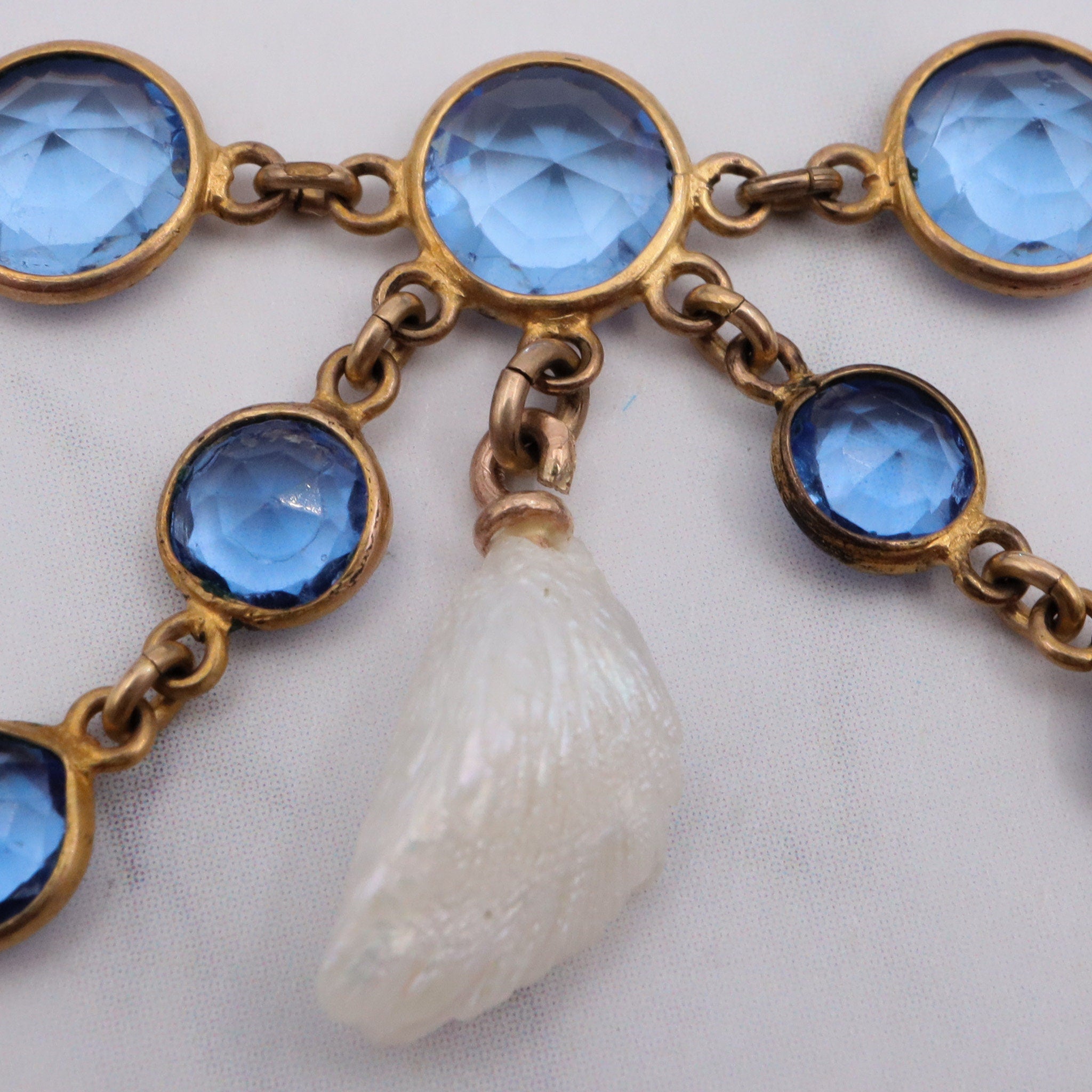 Antique gold filled blue pastel & dogtooth pearl festoon 16.5”