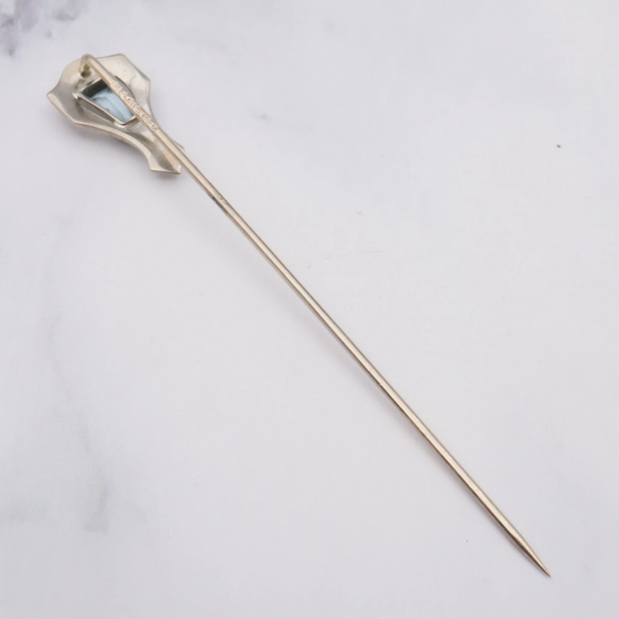 Antique Art Deco Belais 14k white gold & aquamarine stick pin