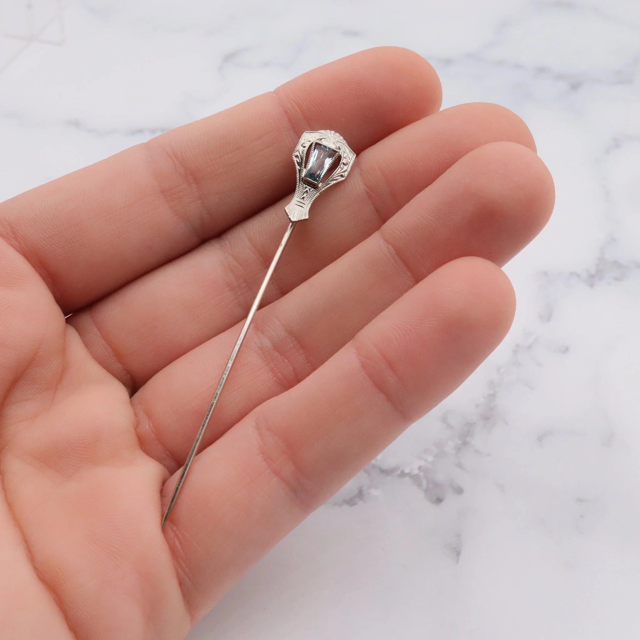 Antique Art Deco Belais 14k white gold & aquamarine stick pin