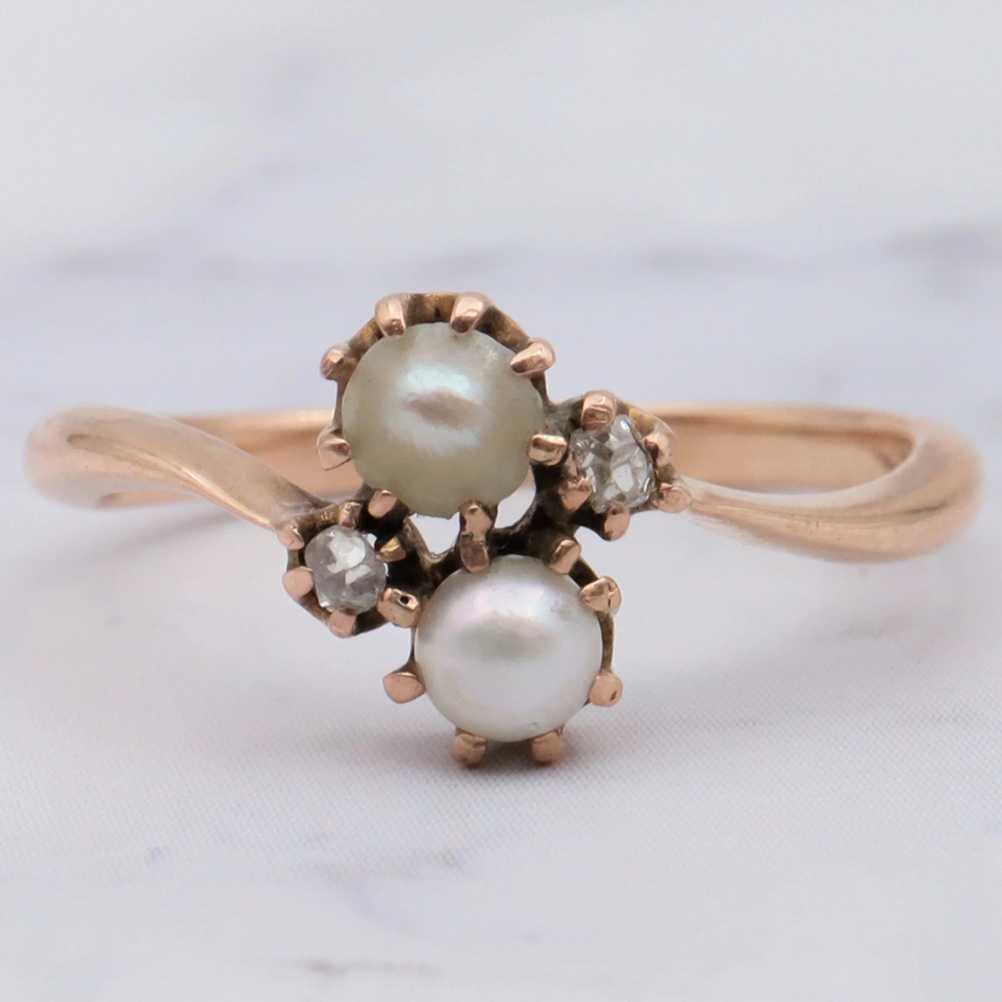 Antique Victorian 14k Gold Pearl & Rose Cut Diamond Ring Size 4.25