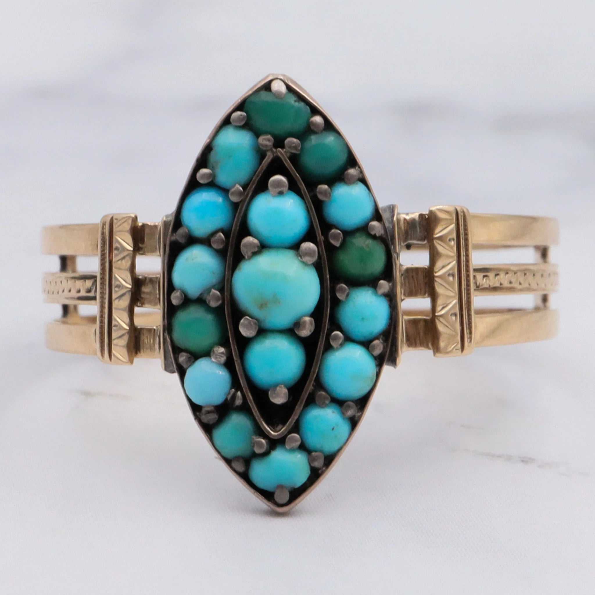 Antique Victorian 14K Turquoise navette ring - size 9