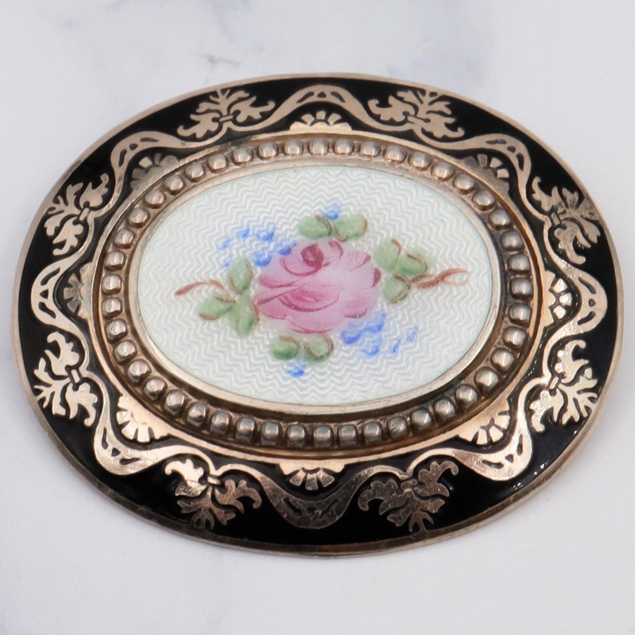 Antique Victorian gold filled and hand-painted guilloche enamel brooch