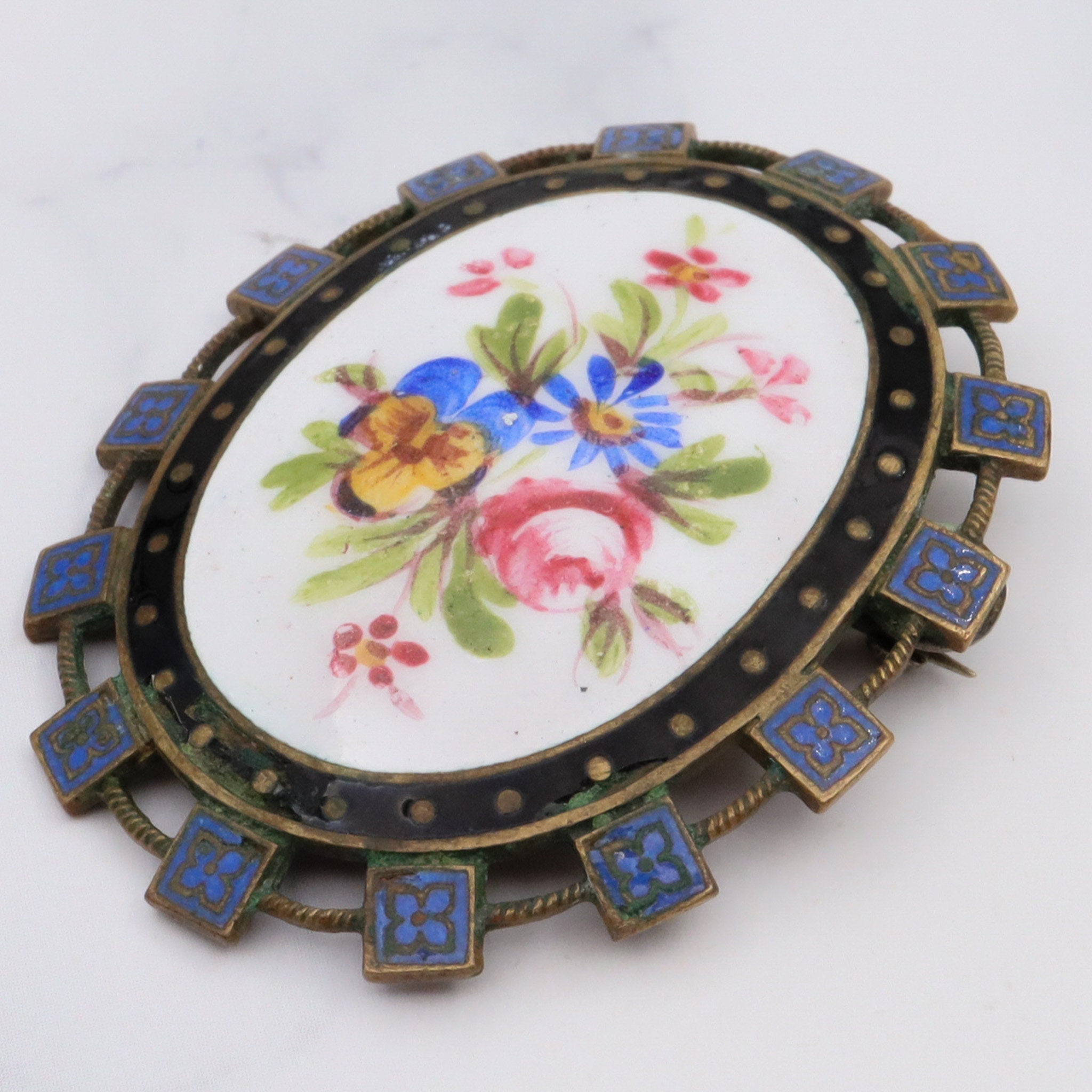 Antique Victorian hand-painted enamel and gilt metal brooch