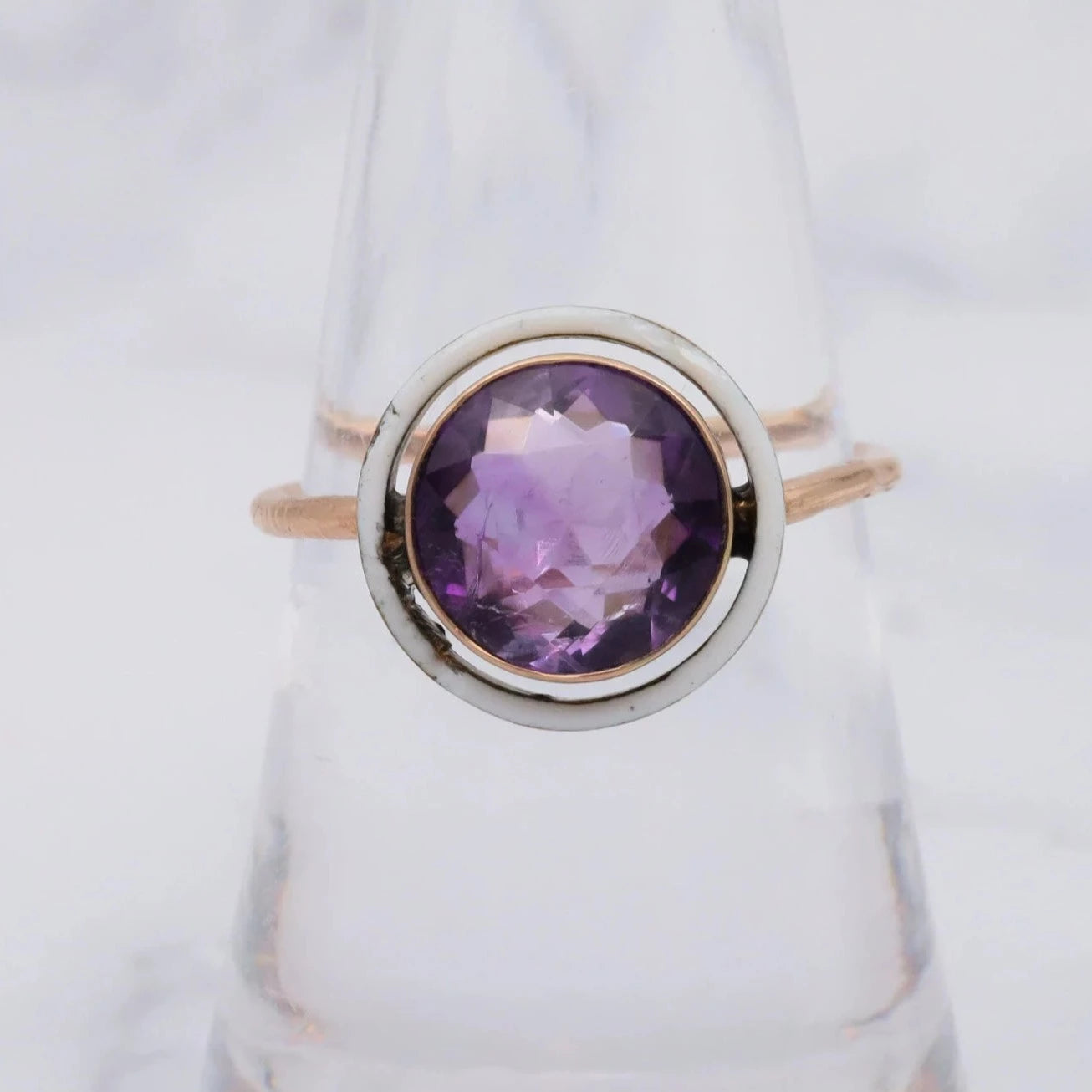 Antique French Deco 14k gold amethyst and enamel circle ring, size 7 1/4