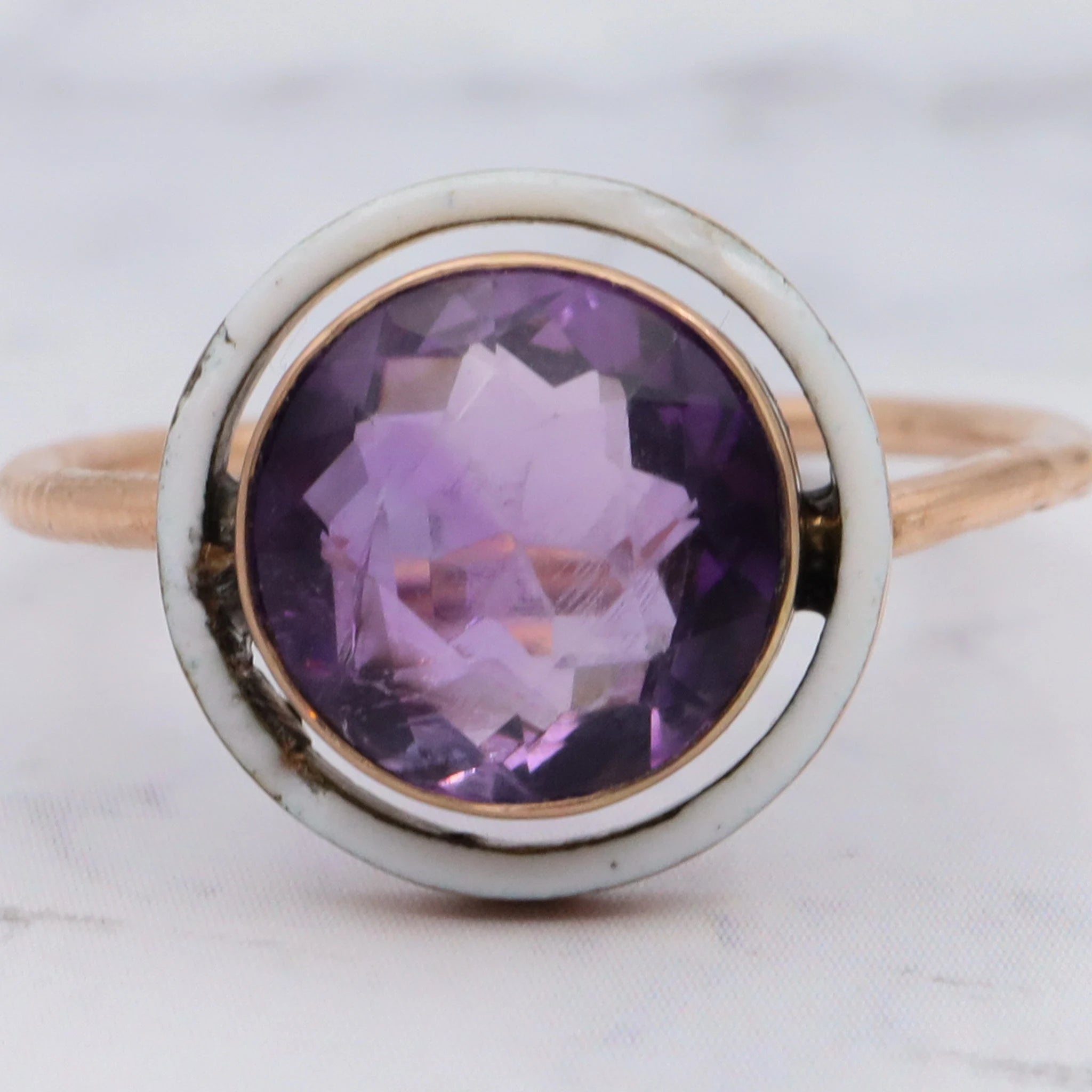 Antique French Deco 14k gold amethyst and enamel circle ring, size 7 1/4