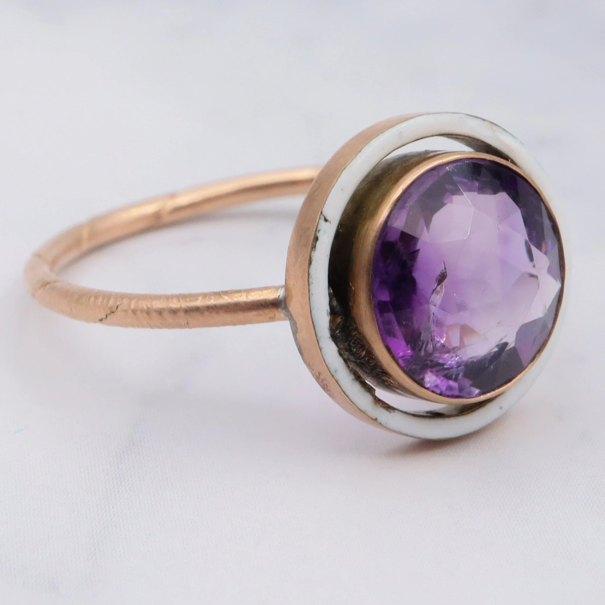 Antique French Deco 14k gold amethyst and enamel circle ring, size 7 1/4