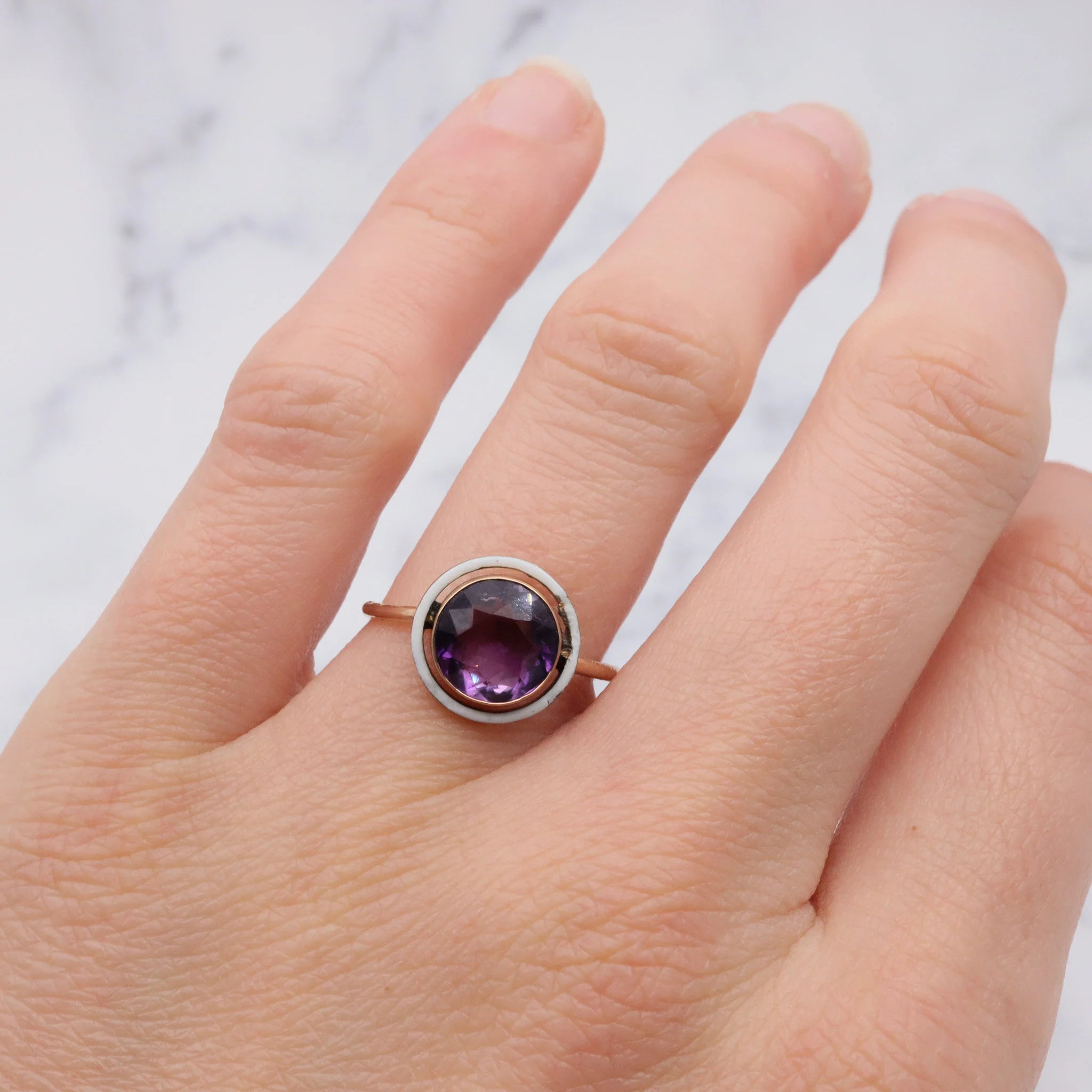 Antique French Deco 14k gold amethyst and enamel circle ring, size 7 1/4
