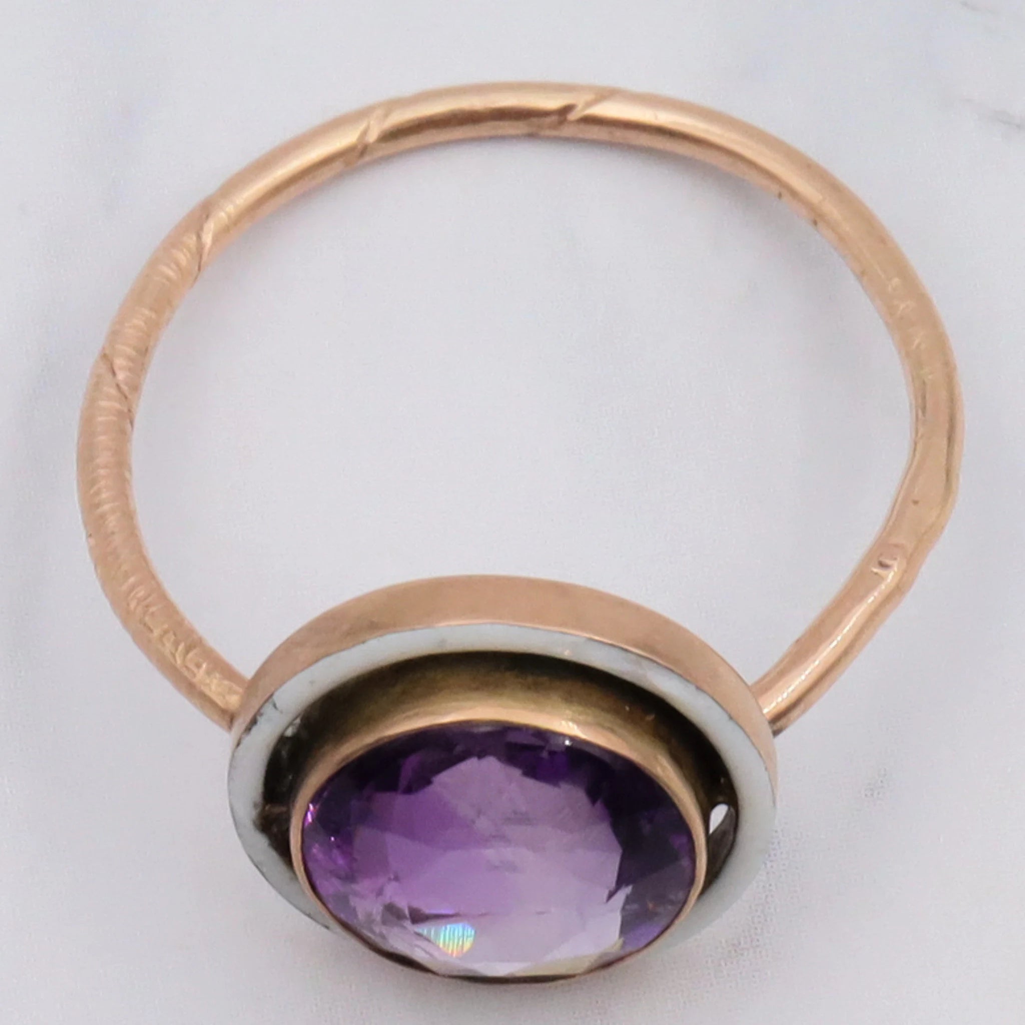 Antique French Deco 14k gold amethyst and enamel circle ring, size 7 1/4
