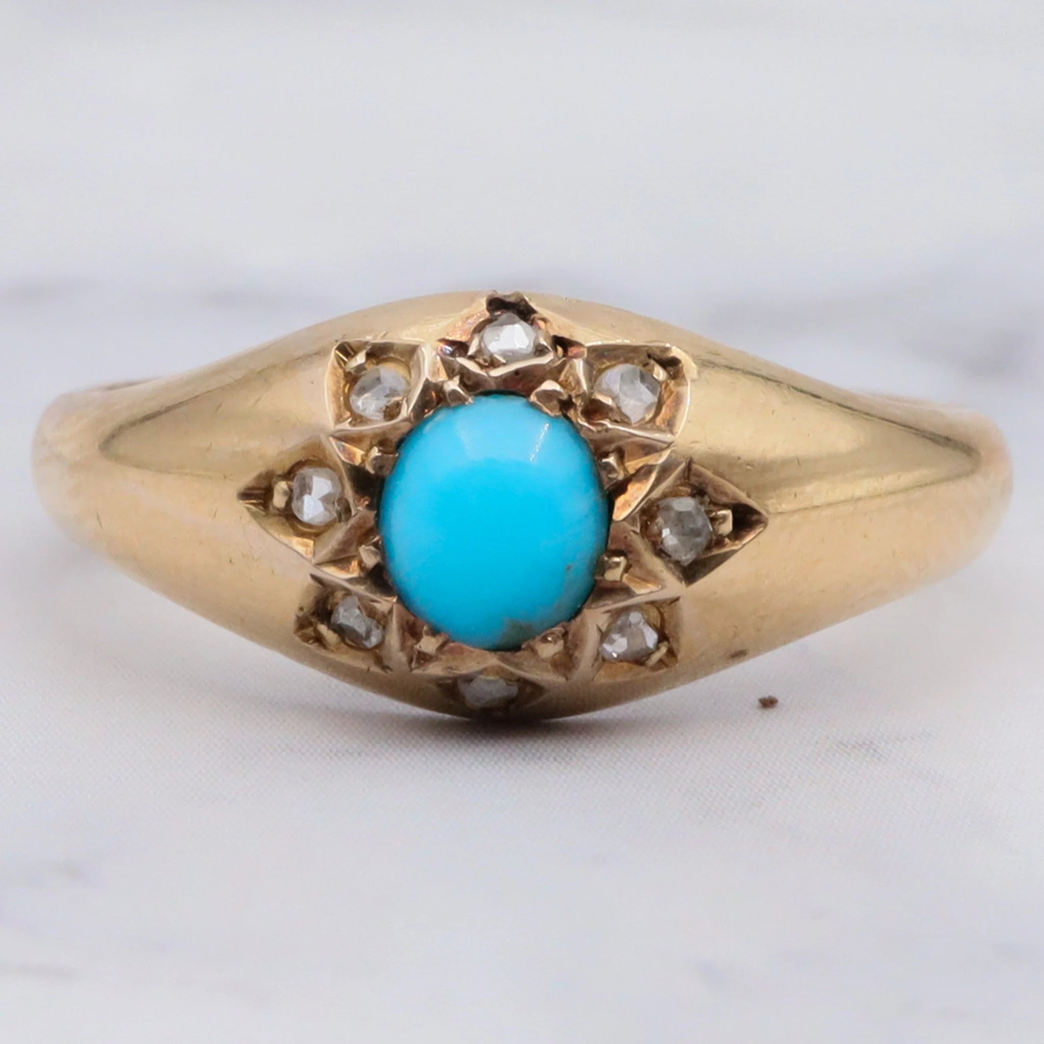 Antique Victorian 18K Gold Turquoise with Rose Cut Diamond Ring - Size 5