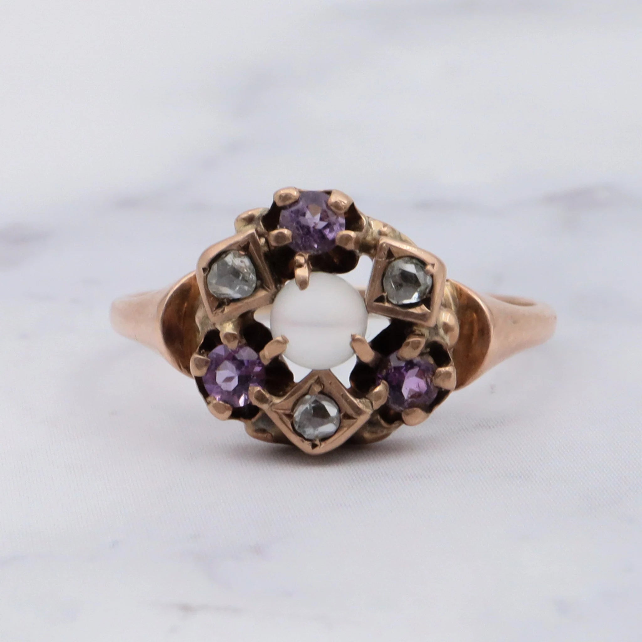 Antique Victorian 10K Gold Ring with Moonstone Orb, Rose Cut Diamond, & Amethyst Accents - Size 4