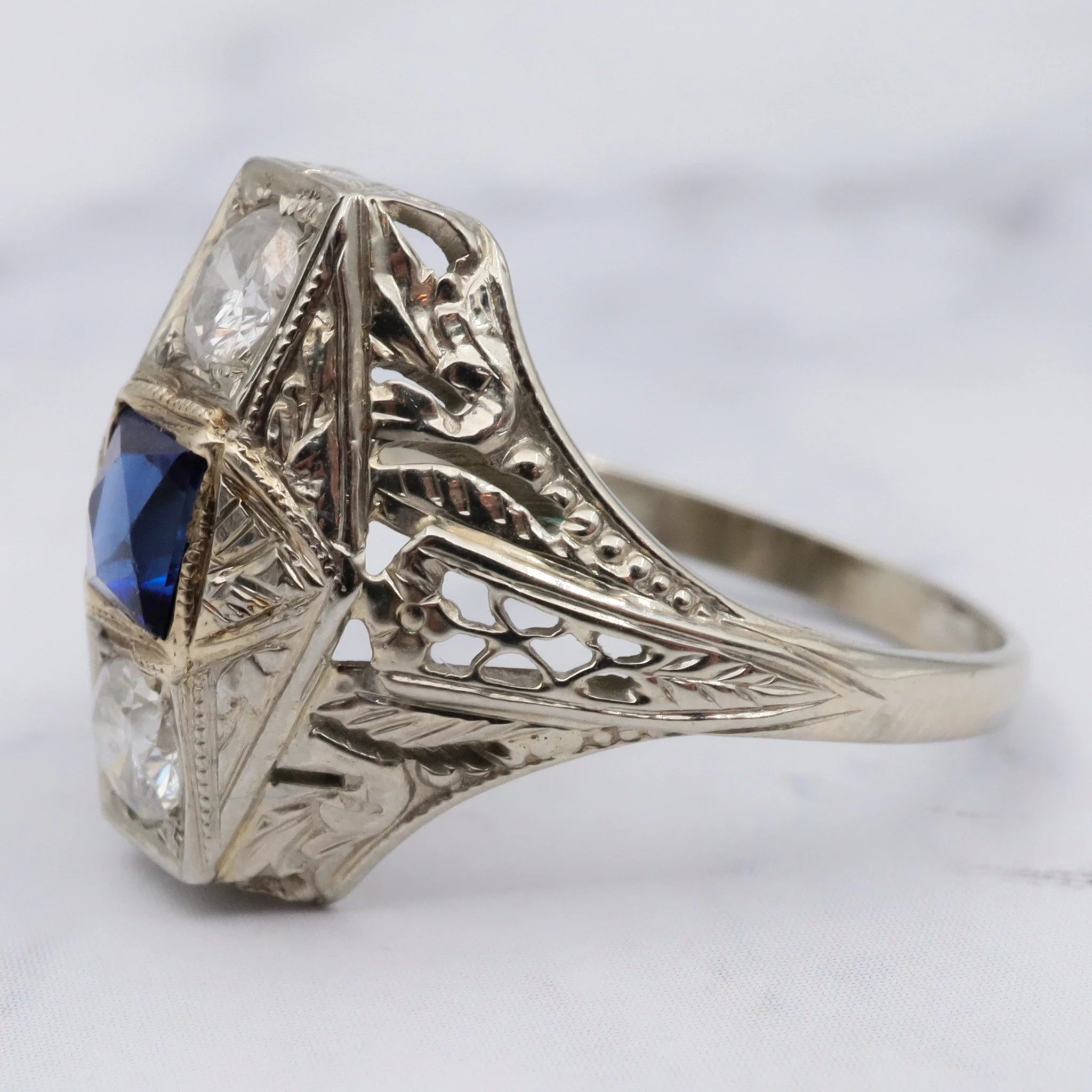 Antique Deco 18K White Gold Filigree Diamond and Simulated Sapphire - Size 6