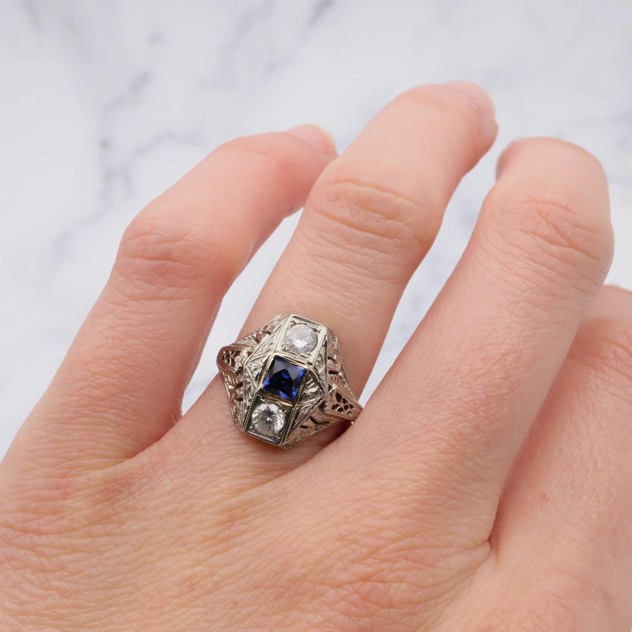 Antique Deco 18K White Gold Filigree Diamond and Simulated Sapphire - Size 6