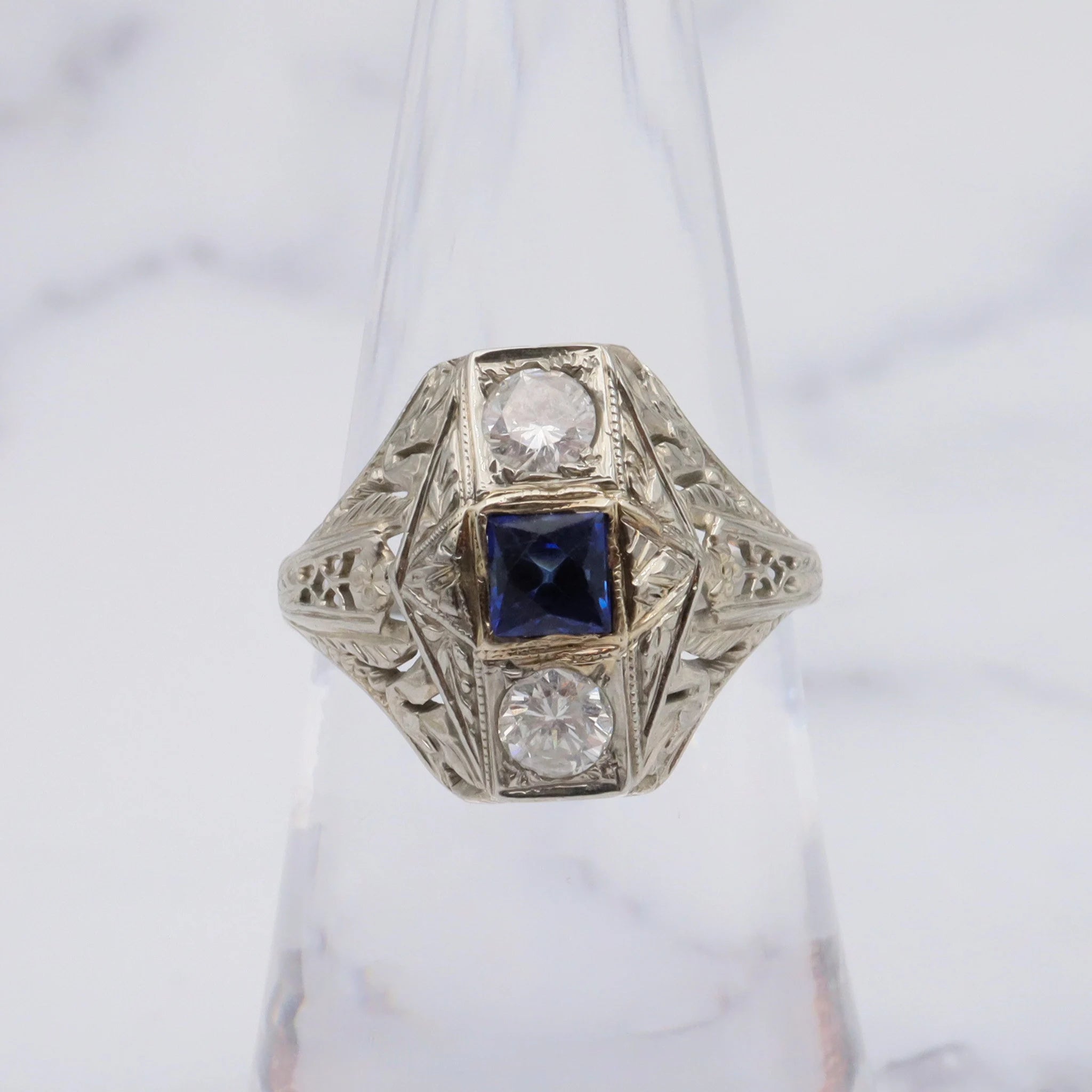 Antique Deco 18K White Gold Filigree Diamond and Simulated Sapphire - Size 6