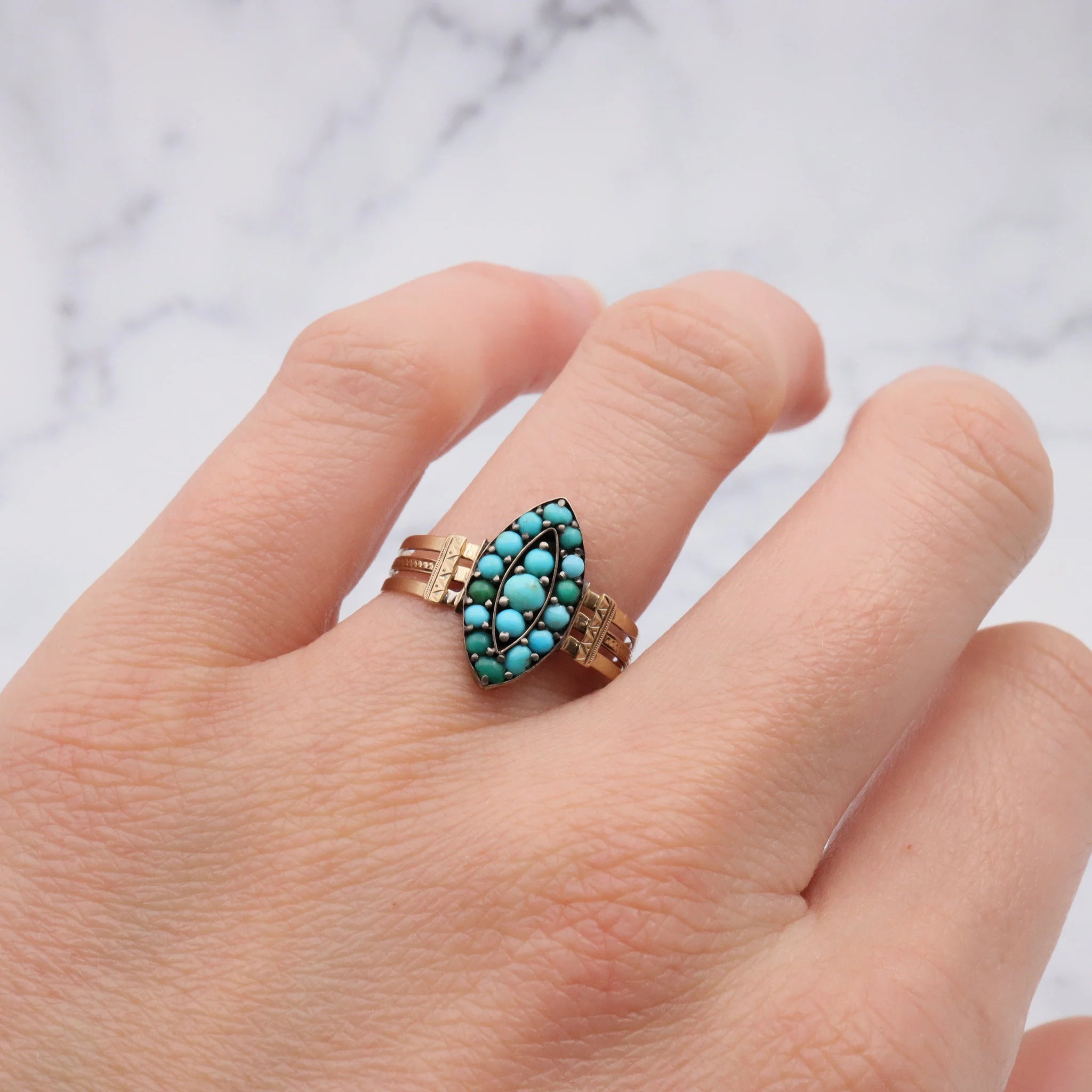 Antique Victorian 14K Turquoise navette ring - size 9