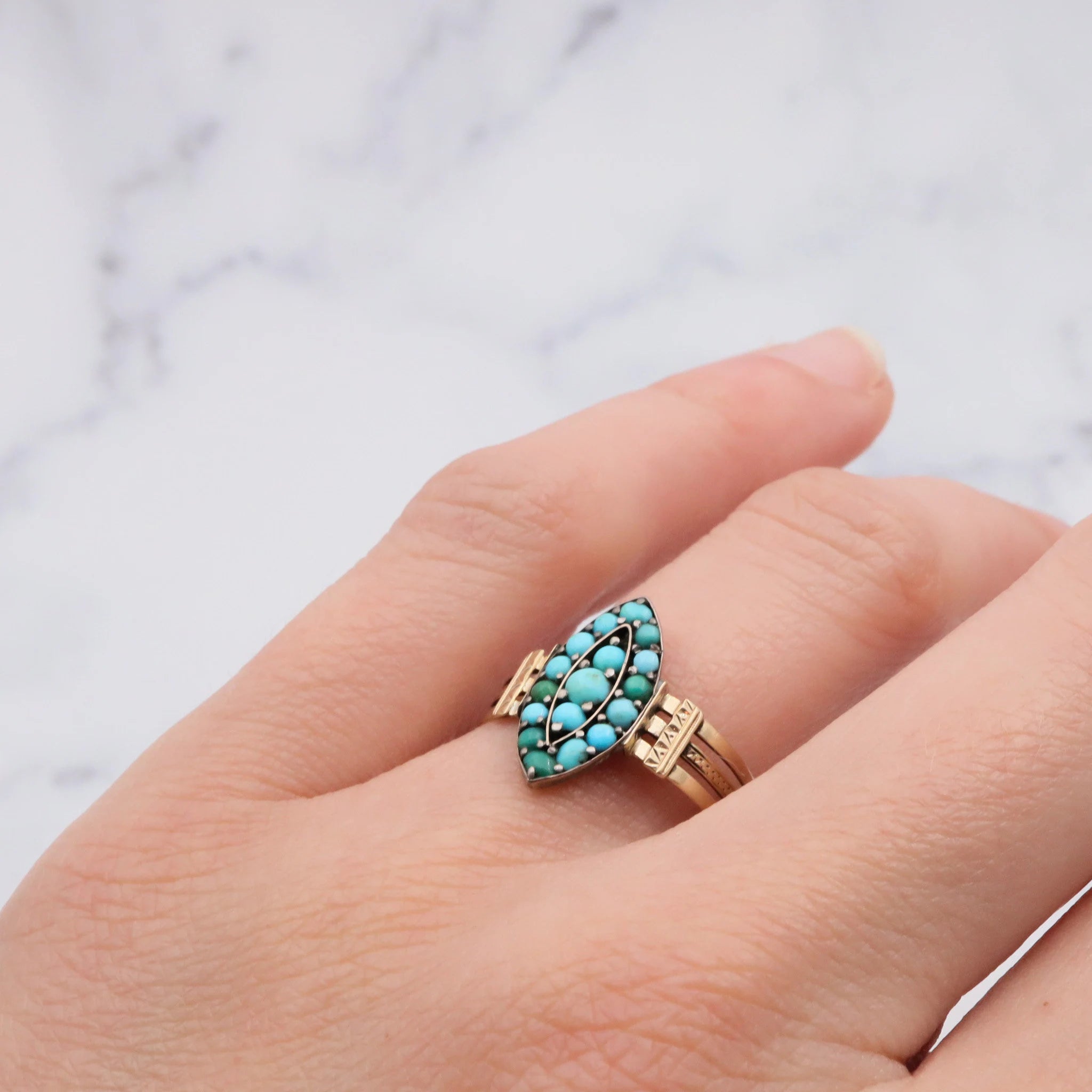 Antique Victorian 14K Turquoise navette ring - size 9